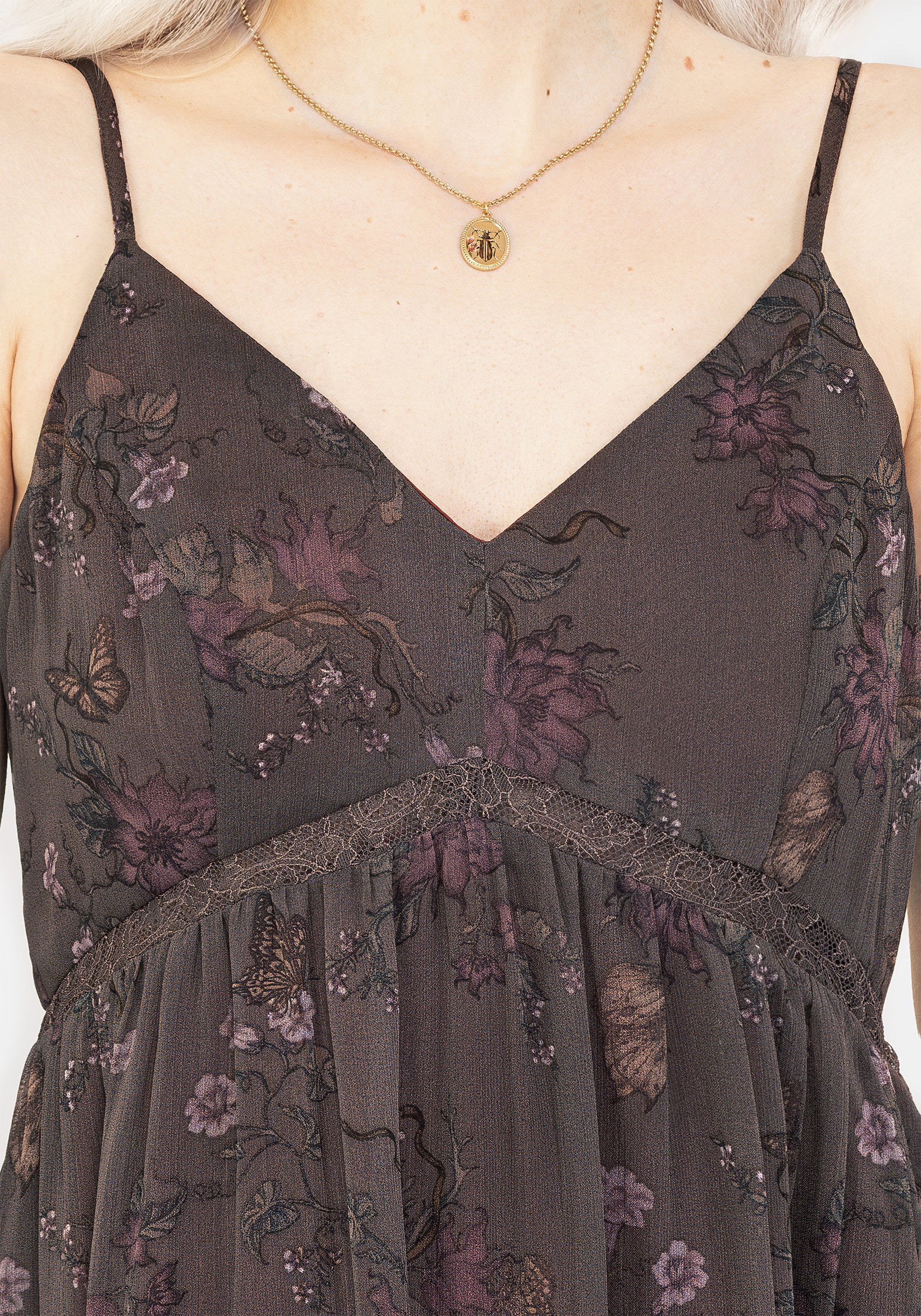 Brown Floral Lace Cami Dress with Adjustable Straps | Arnora