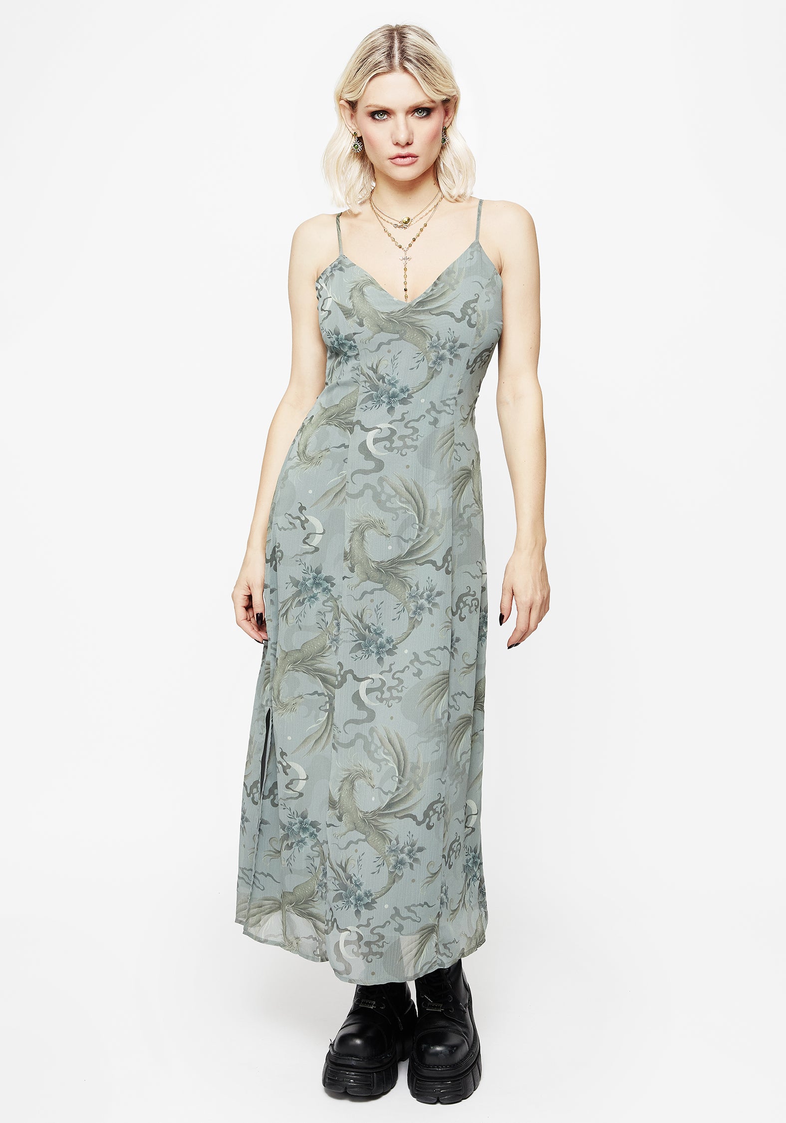 Pale Blue Dragon Print Chiffon Slip Dress | Sapphira