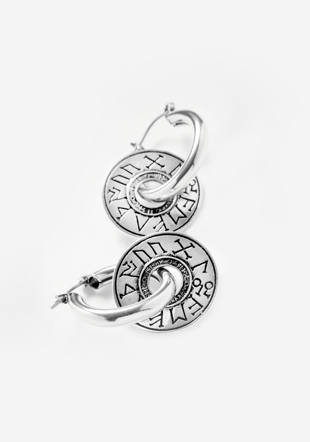 Silver-Plated Rune Hoop Earrings with Cosmic Symbols | Handcrafted Jewelry