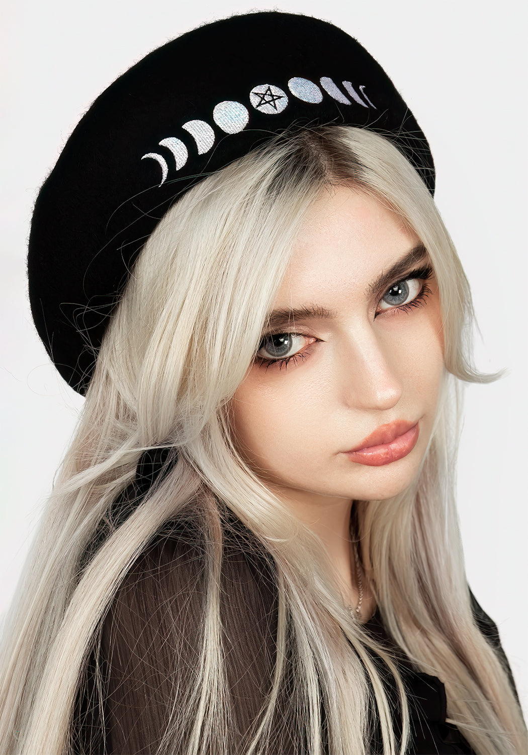 Black Embroidered Beret with Lunar Design | Soft Wool Blend for Winter