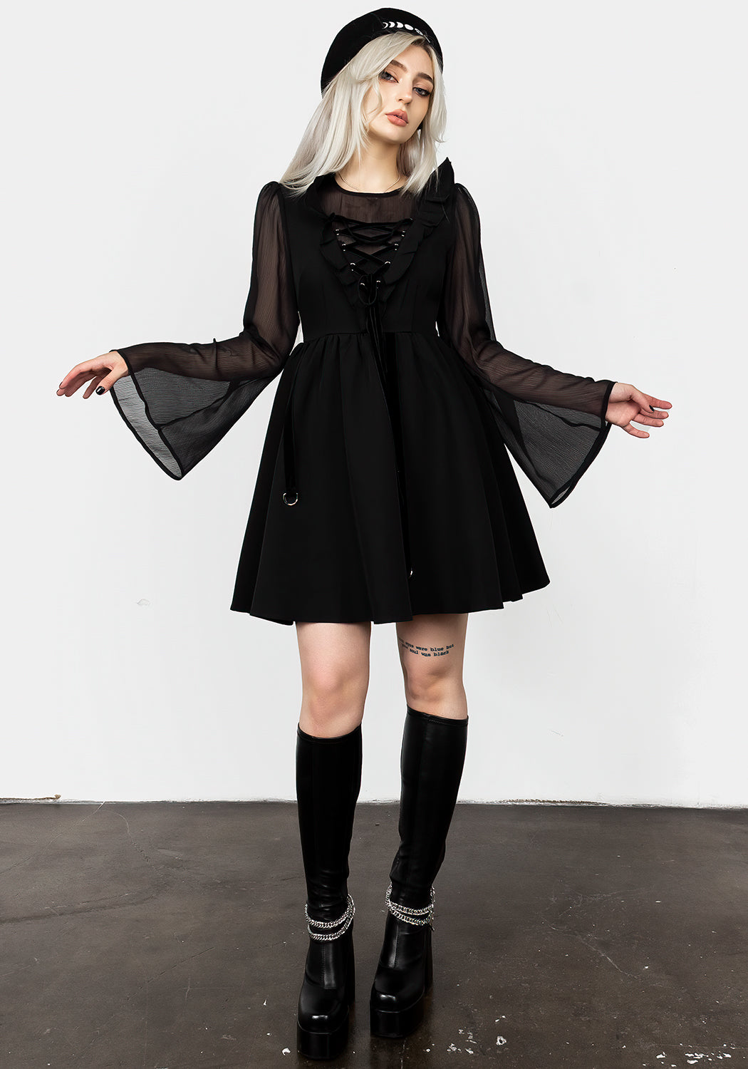 Black Lace Up Mini Dress with Sheer Sleeves | Baudelaire