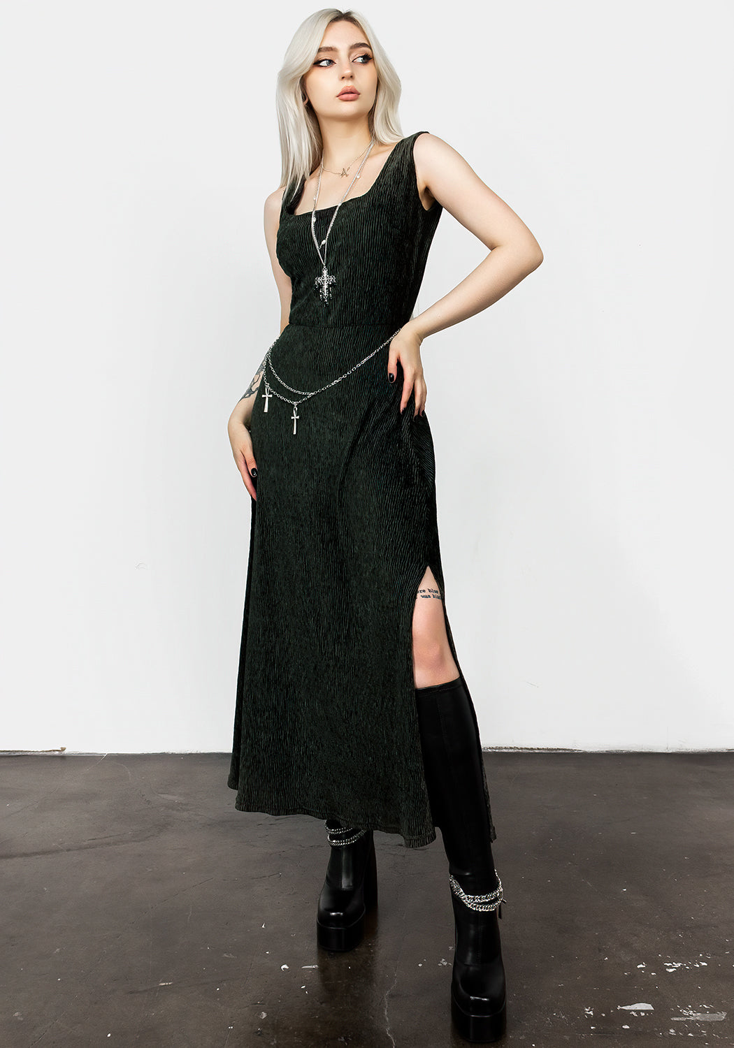 Black Velour Maxi Dress with Charm Belt | Thekla A-Line Dress