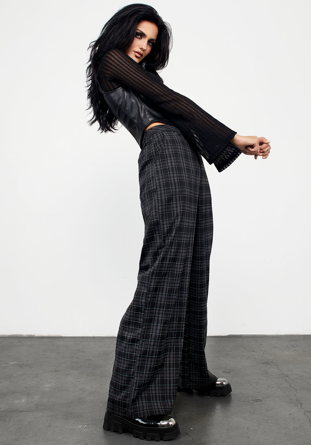 Grey Check Wide Leg Trousers with Stretch & High Waist | Lilin