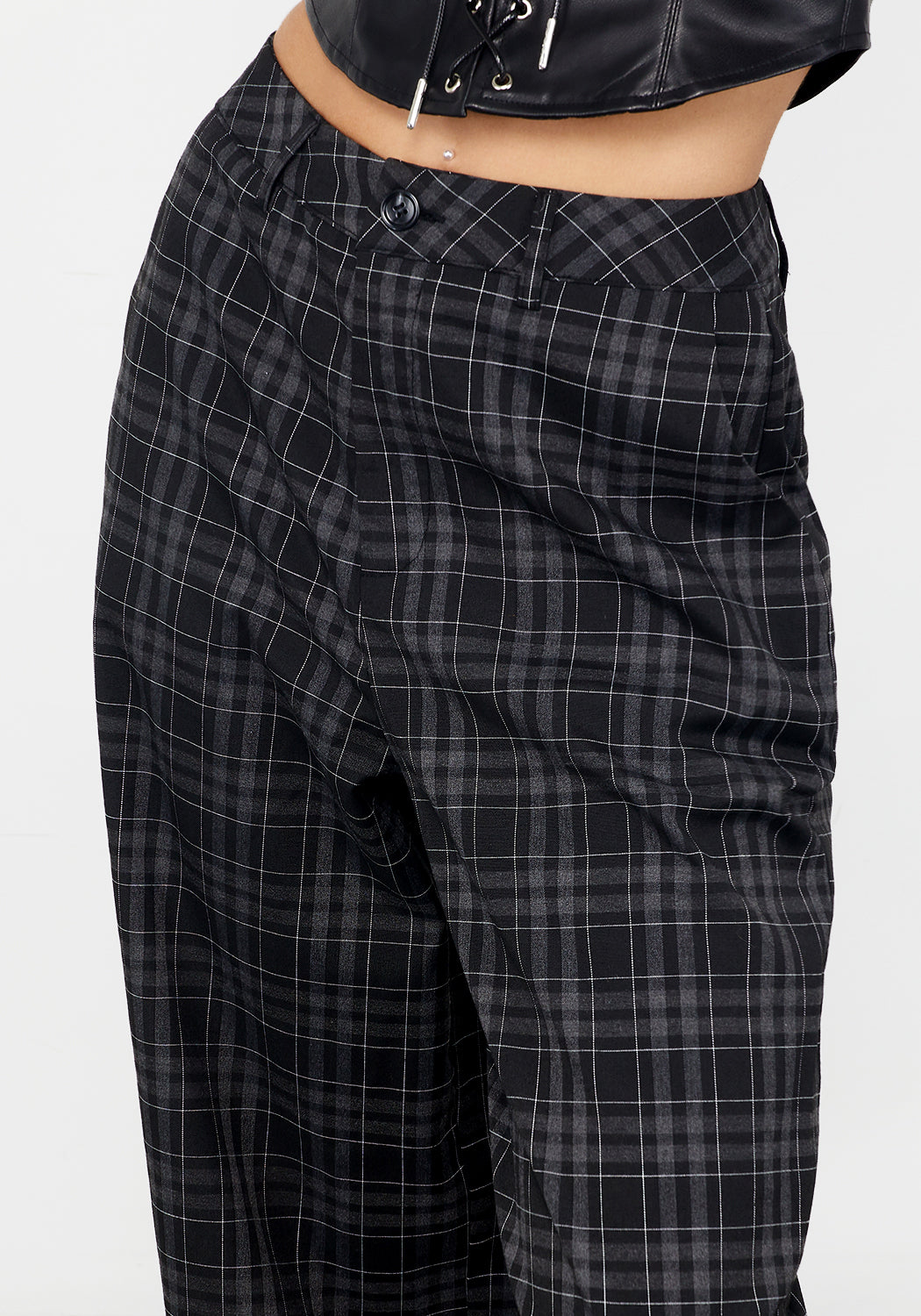 Grey Check Wide Leg Trousers with Stretch & High Waist | Lilin
