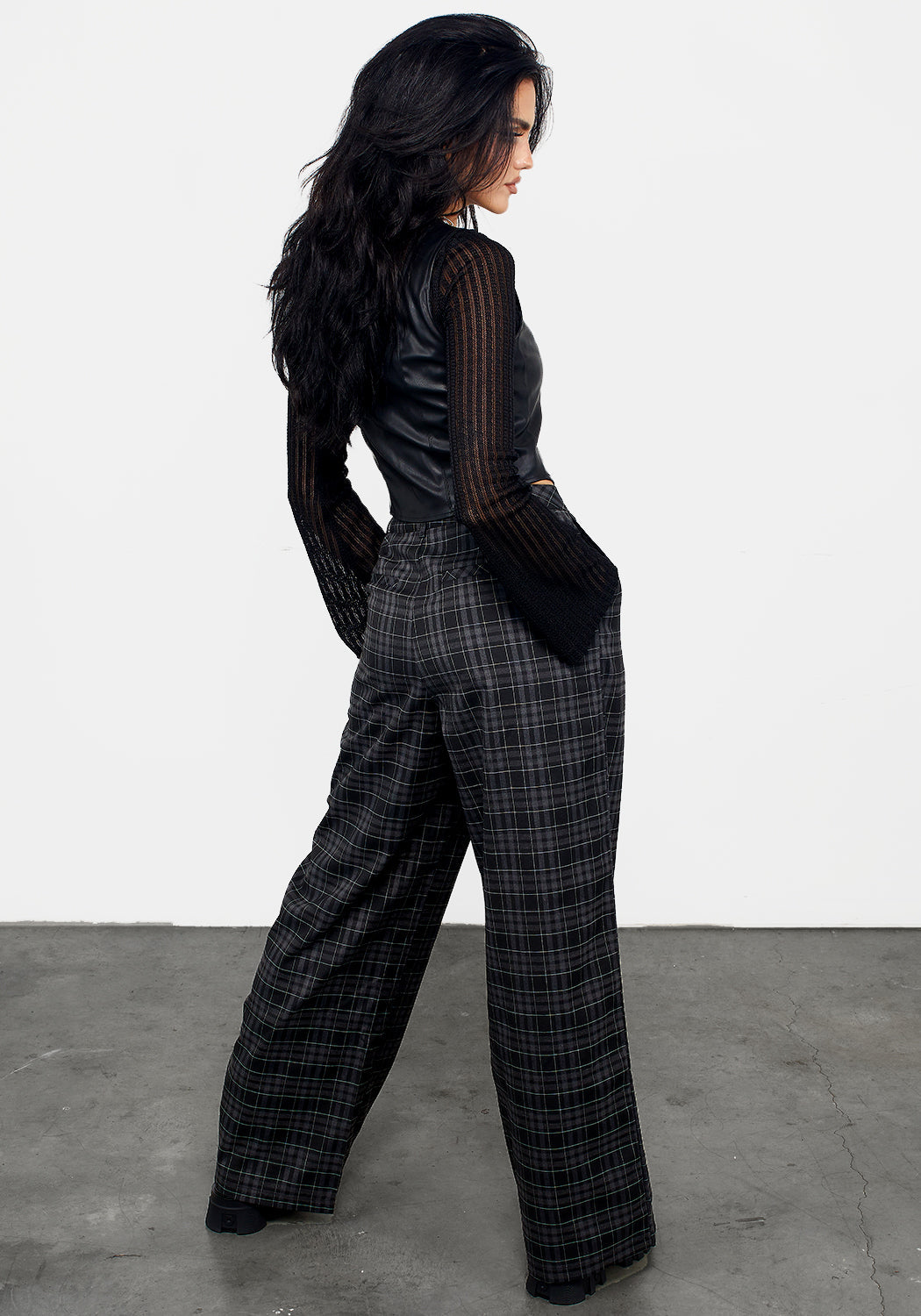 Grey Check Wide Leg Trousers with Stretch & High Waist | Lilin