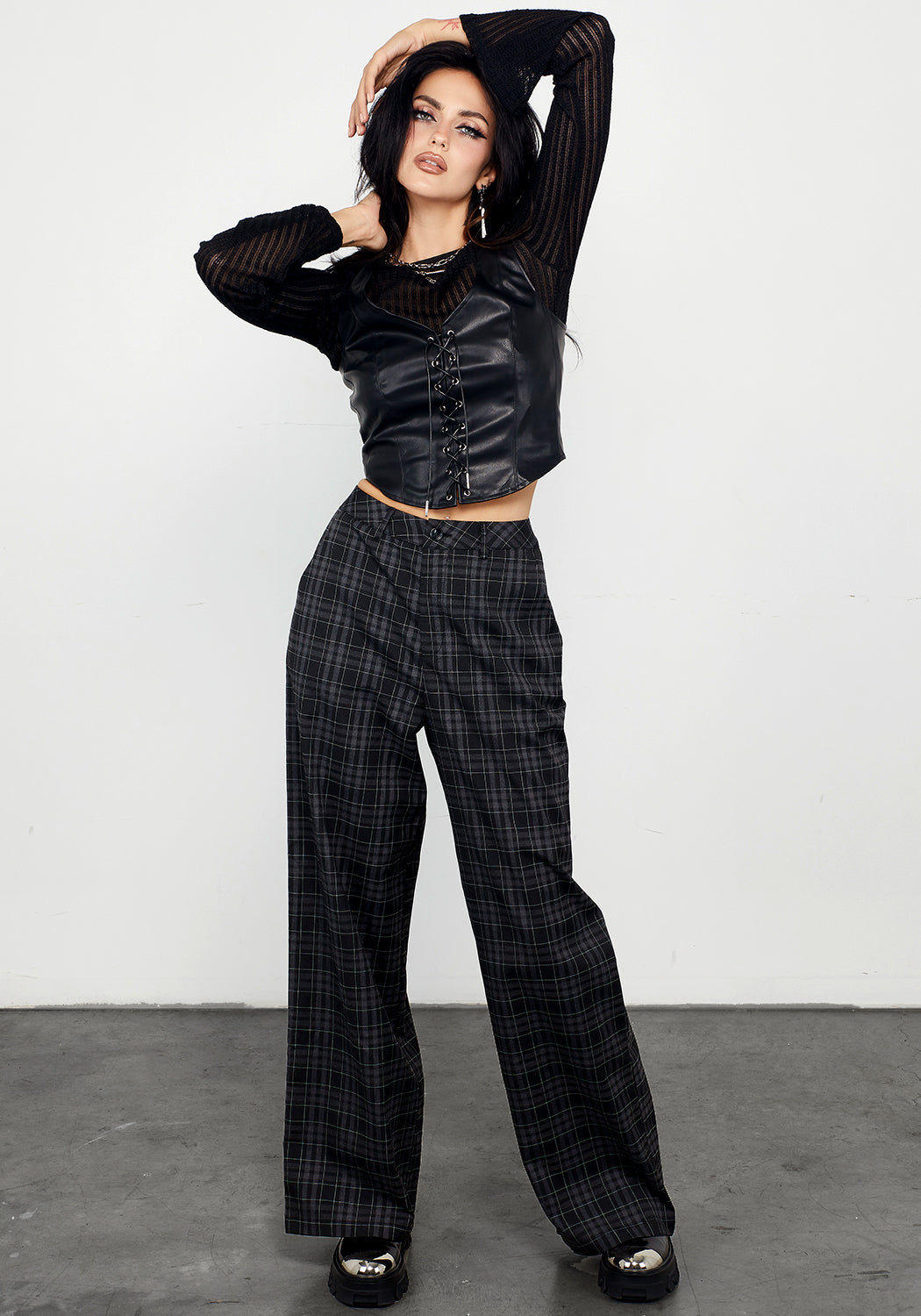Grey Check Wide Leg Trousers with Stretch & High Waist | Lilin
