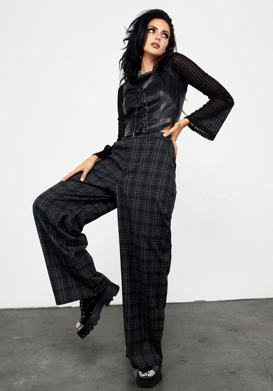 Grey Check Wide Leg Trousers with Stretch & High Waist | Lilin