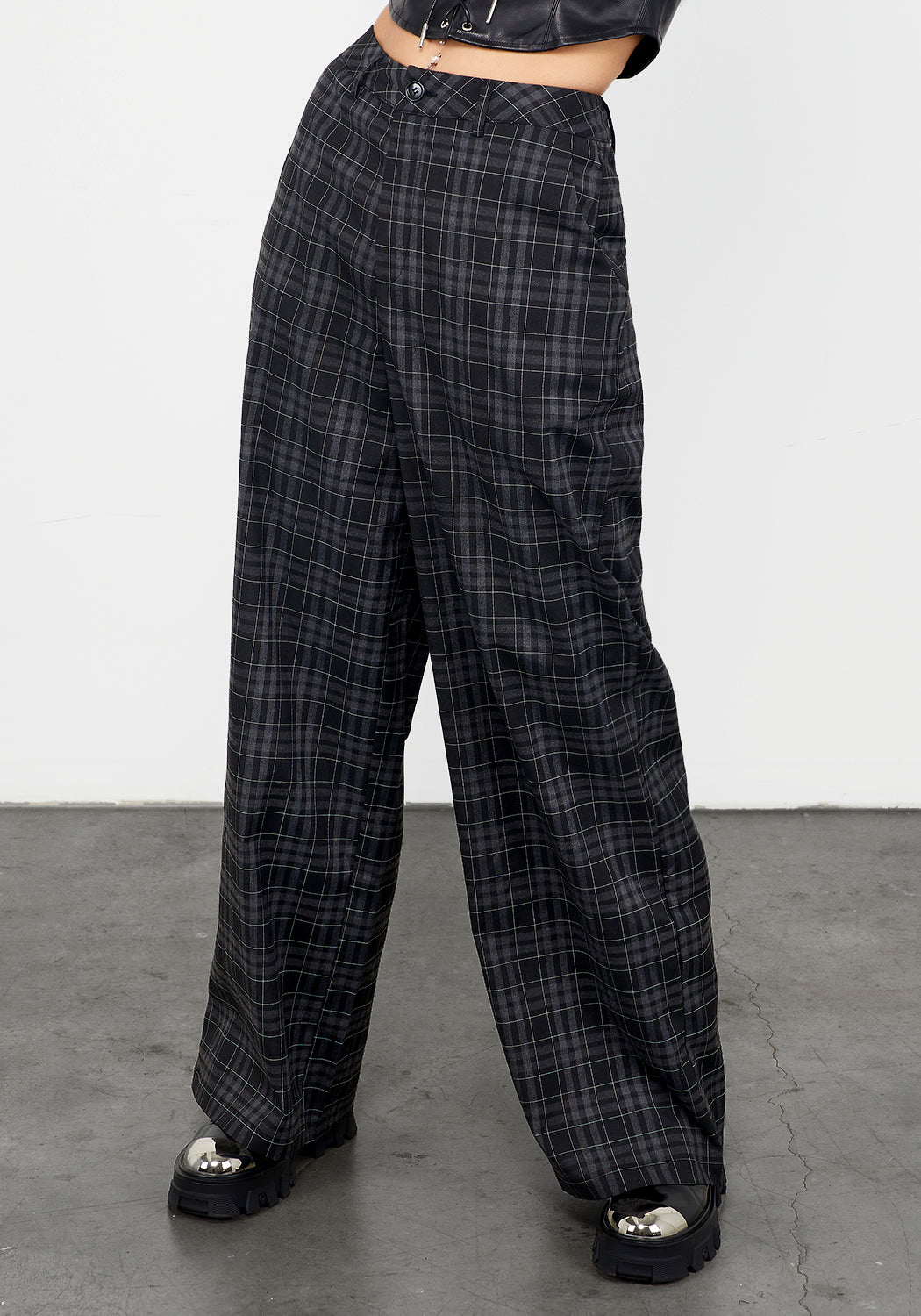 Grey Check Wide Leg Trousers with Stretch & High Waist | Lilin