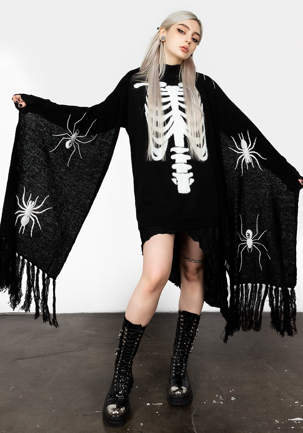 Chunky Black Boucle Scarf with Spider Embroidery | Widow