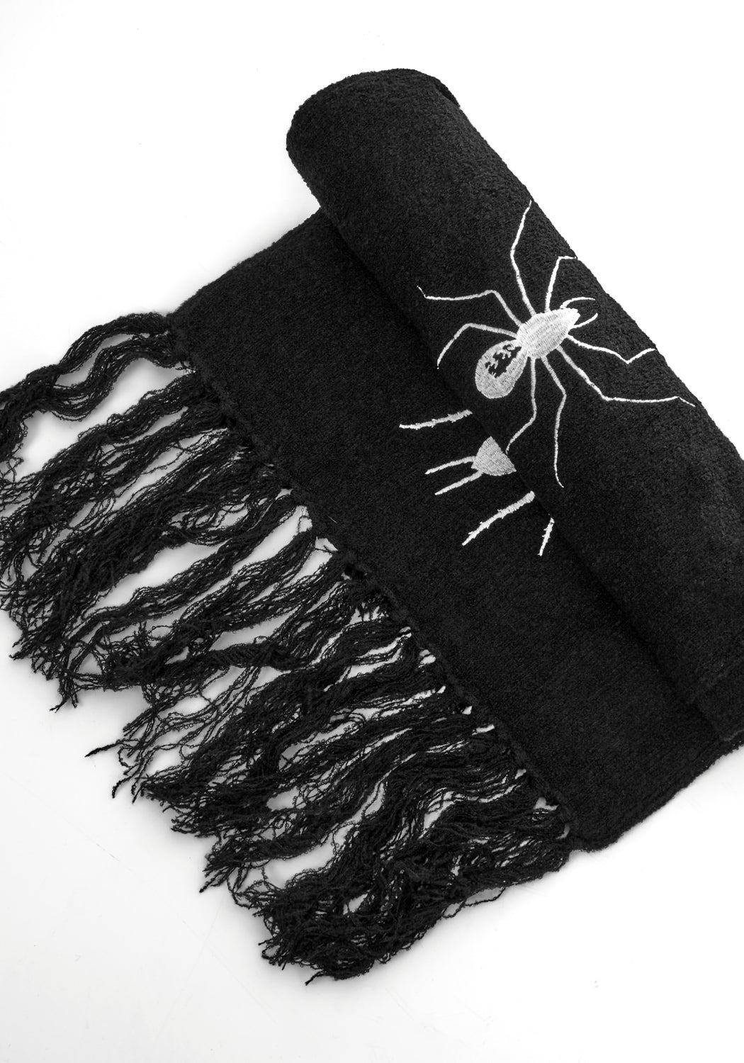 Chunky Black Boucle Scarf with Spider Embroidery | Widow