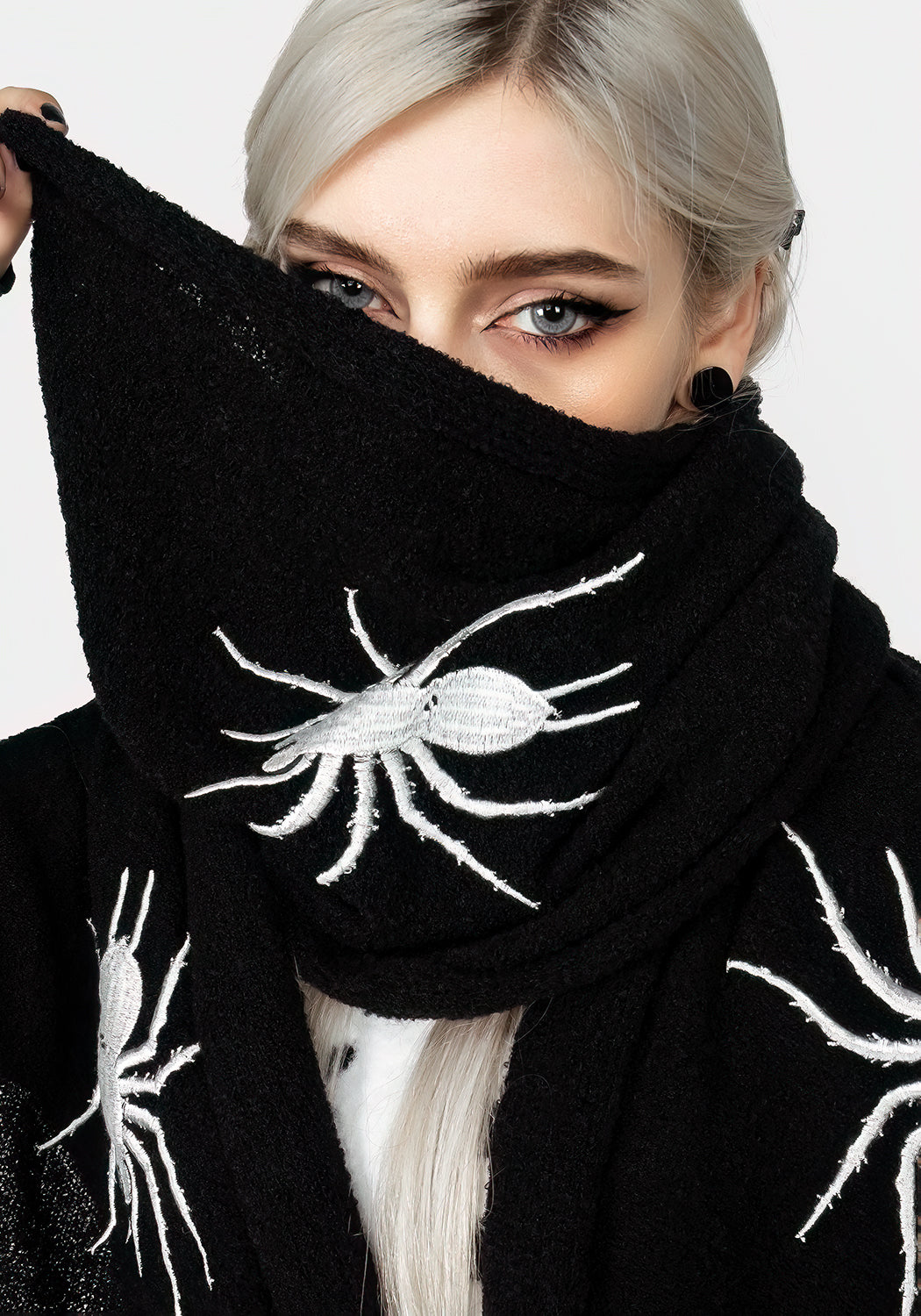 Chunky Black Boucle Scarf with Spider Embroidery | Widow