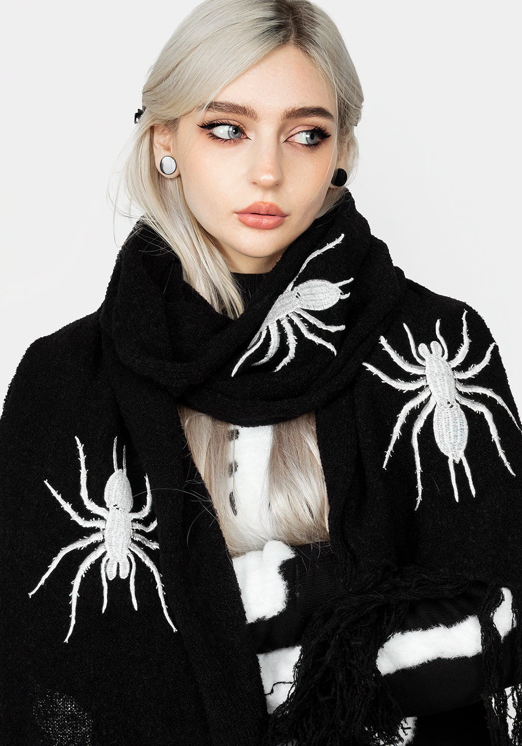Chunky Black Boucle Scarf with Spider Embroidery | Widow