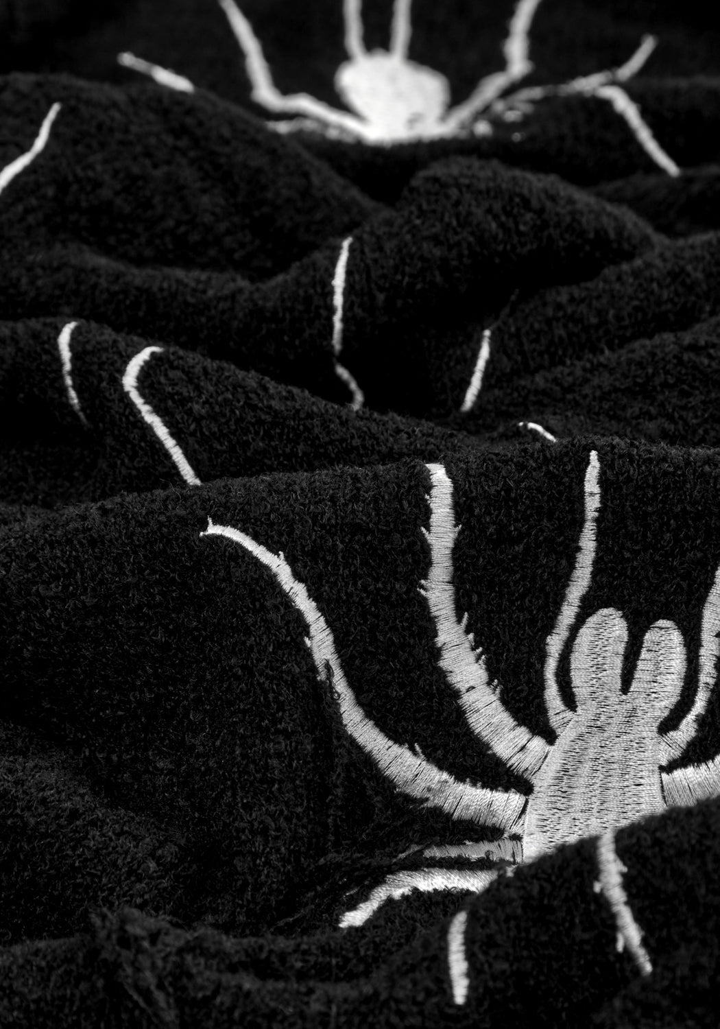 Chunky Black Boucle Scarf with Spider Embroidery | Widow
