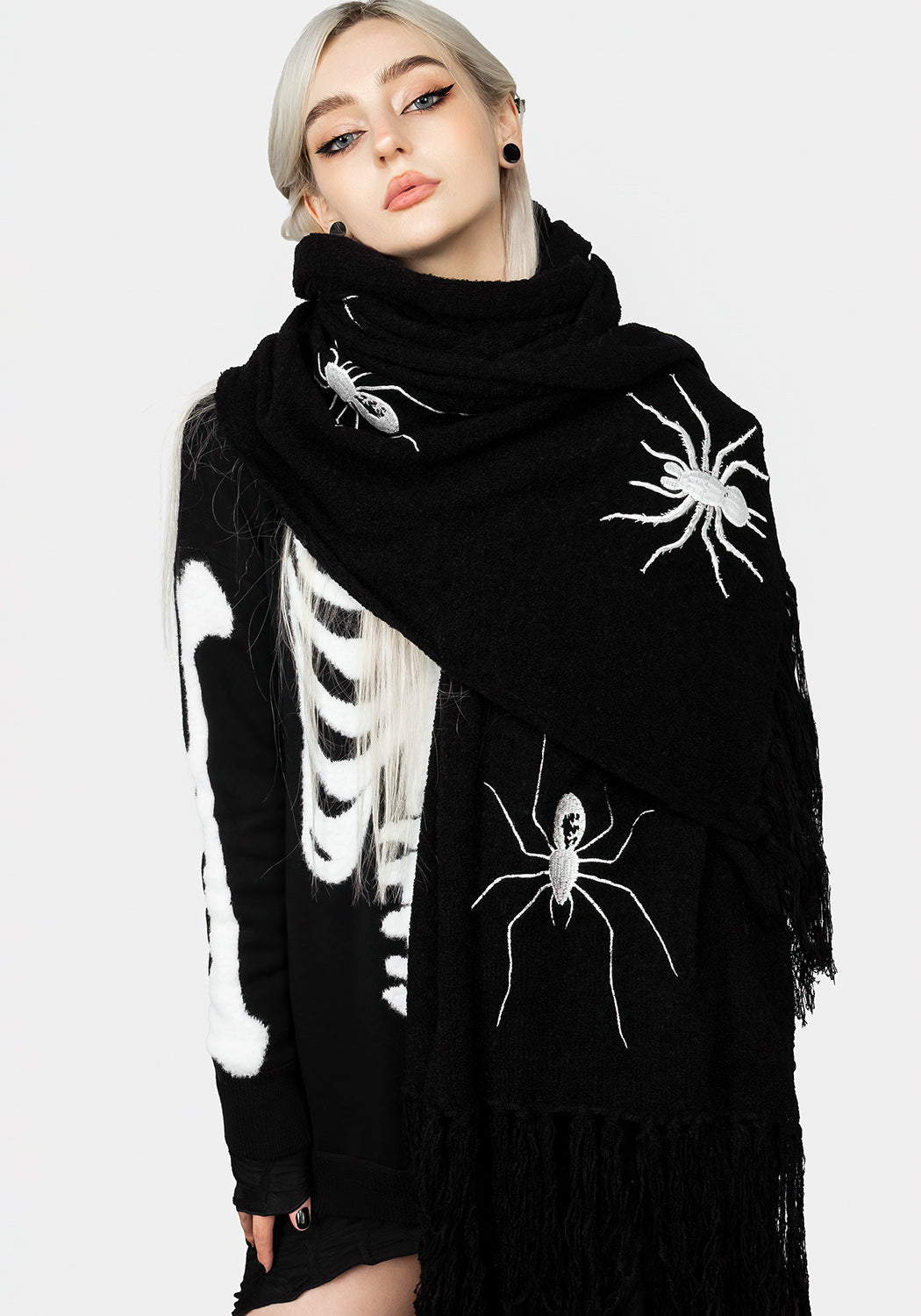 Chunky Black Boucle Scarf with Spider Embroidery | Widow