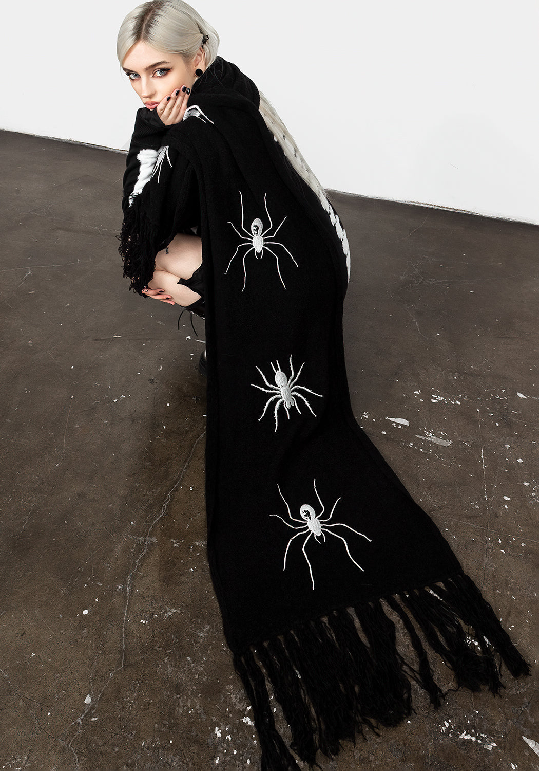 Chunky Black Boucle Scarf with Spider Embroidery | Widow