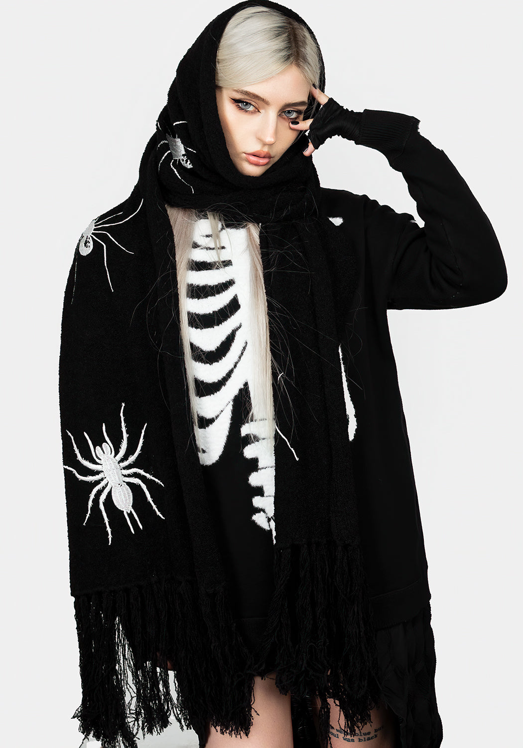 Chunky Black Boucle Scarf with Spider Embroidery | Widow