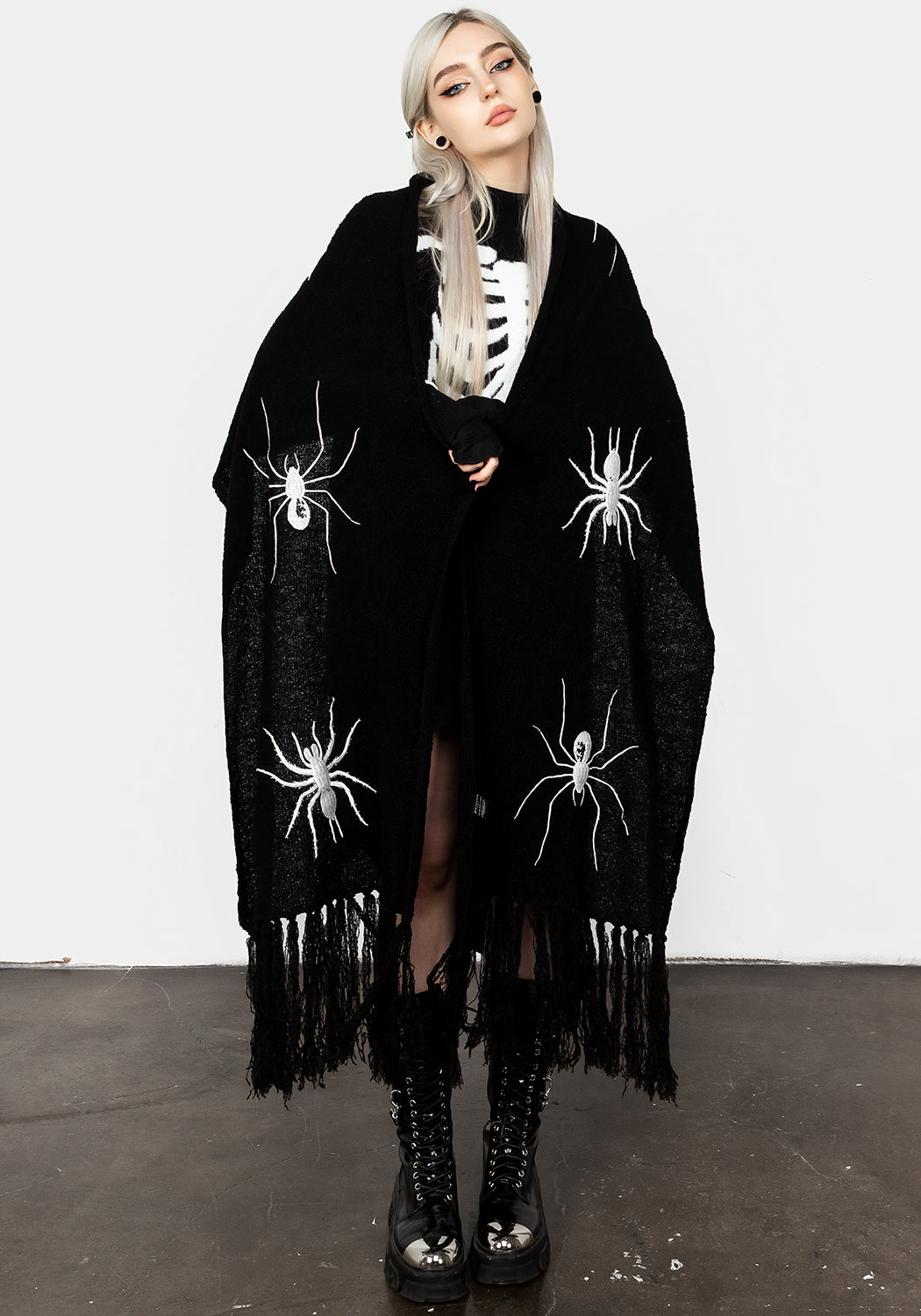 Chunky Black Boucle Scarf with Spider Embroidery | Widow
