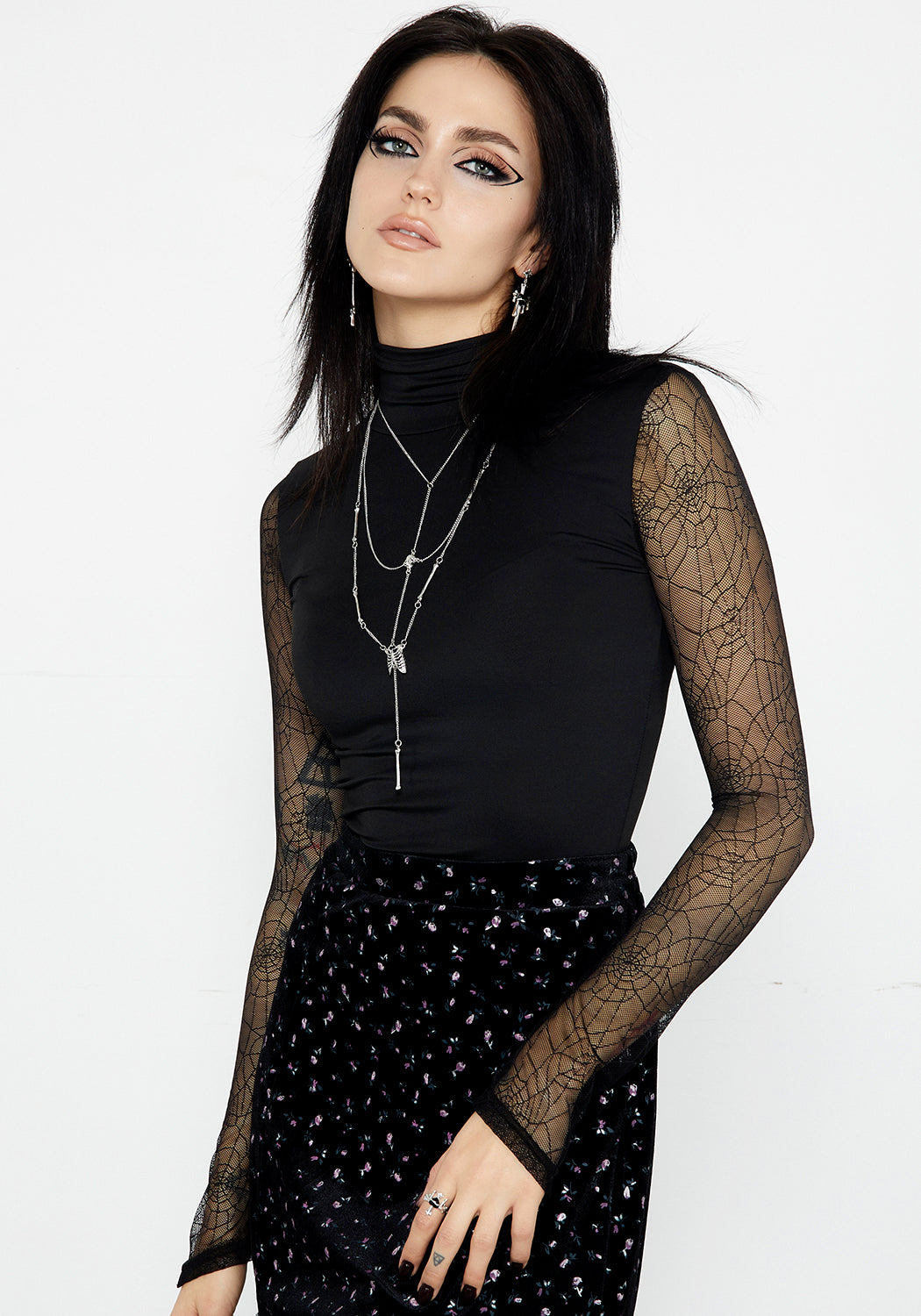 Black Lace Bodysuit with Turtleneck & Sheer Sleeves | Venom