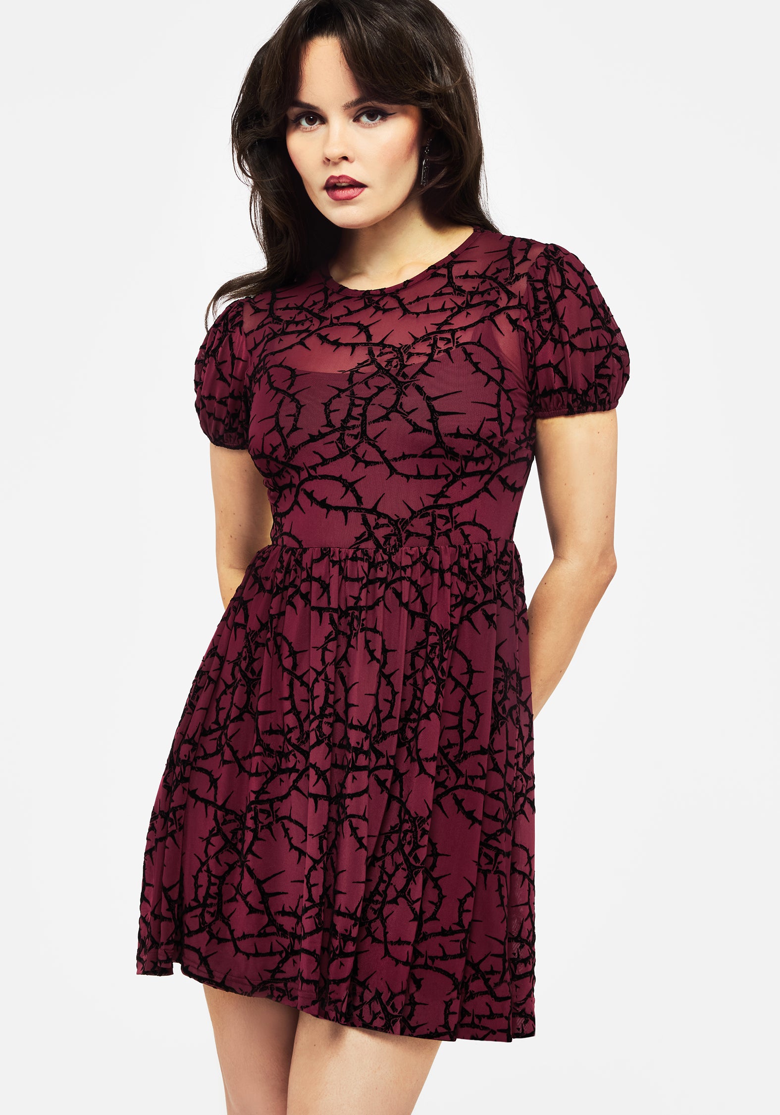 Red Thorns Print Mesh Mini Dress with Puff Sleeves | Crew Neck