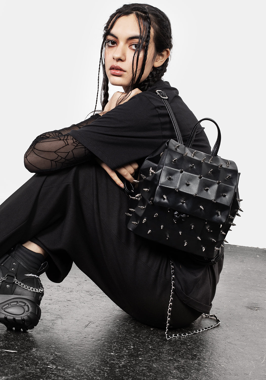 Studded Mini Backpack in Faux Leather with Silver Spikes | Mortal