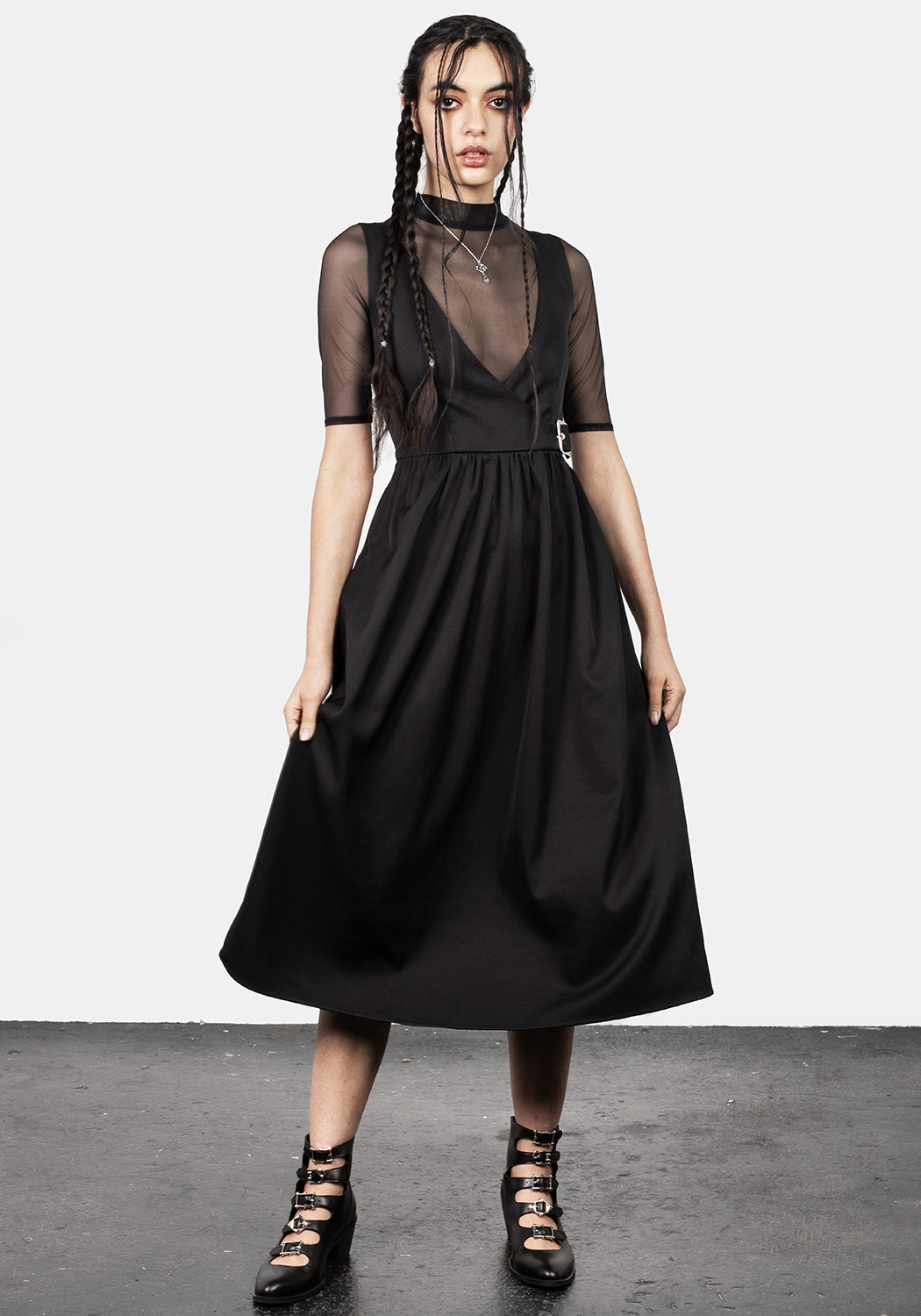 Black Mock-Wrap Suspender Midi Dress with Buckle | Belladonna