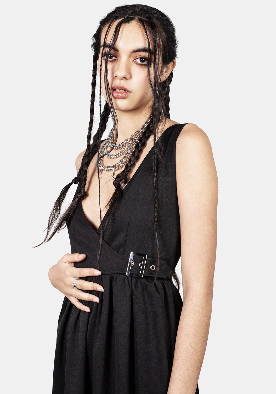 Black Mock-Wrap Suspender Midi Dress with Buckle | Belladonna