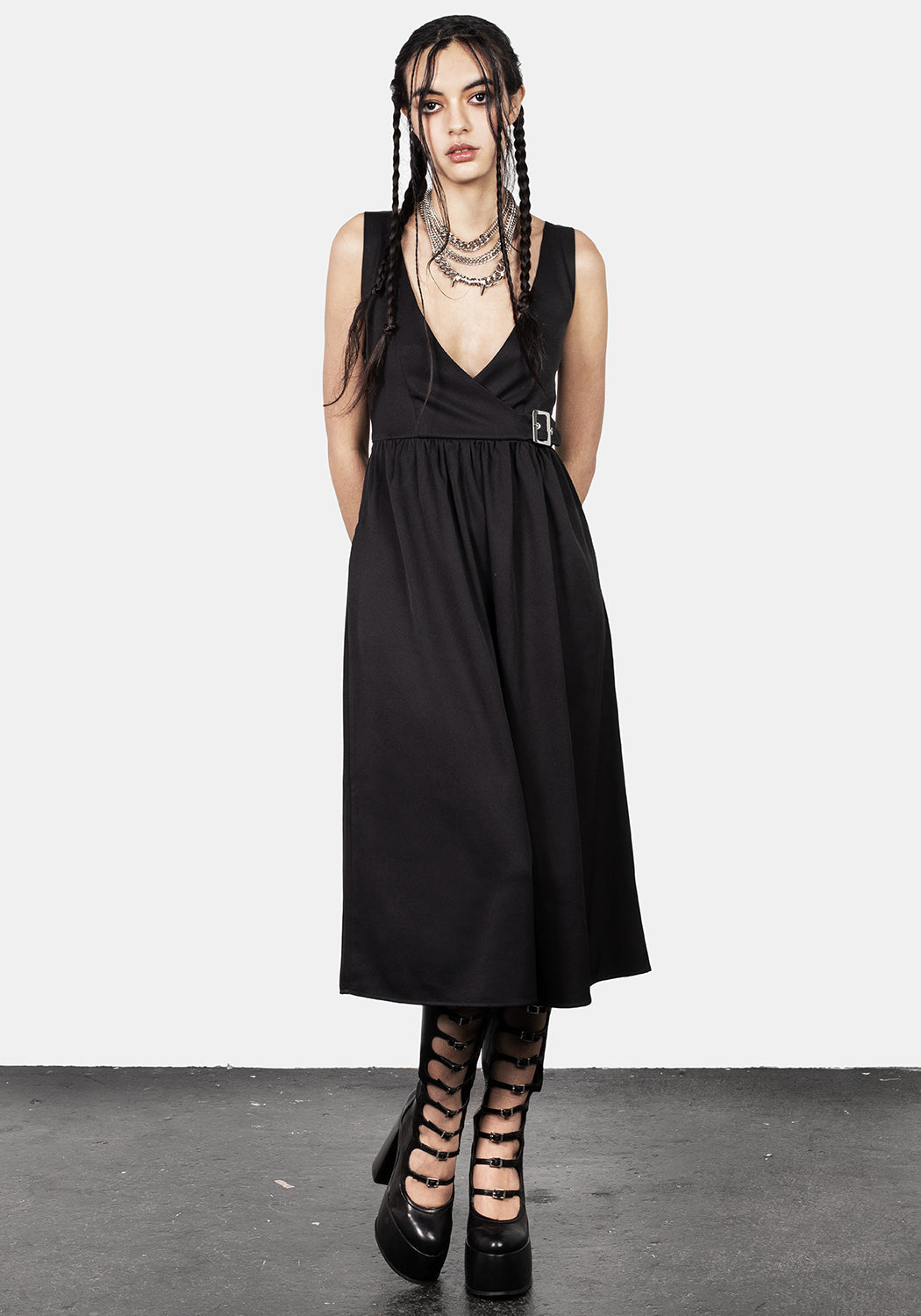 Black Mock-Wrap Suspender Midi Dress with Buckle | Belladonna