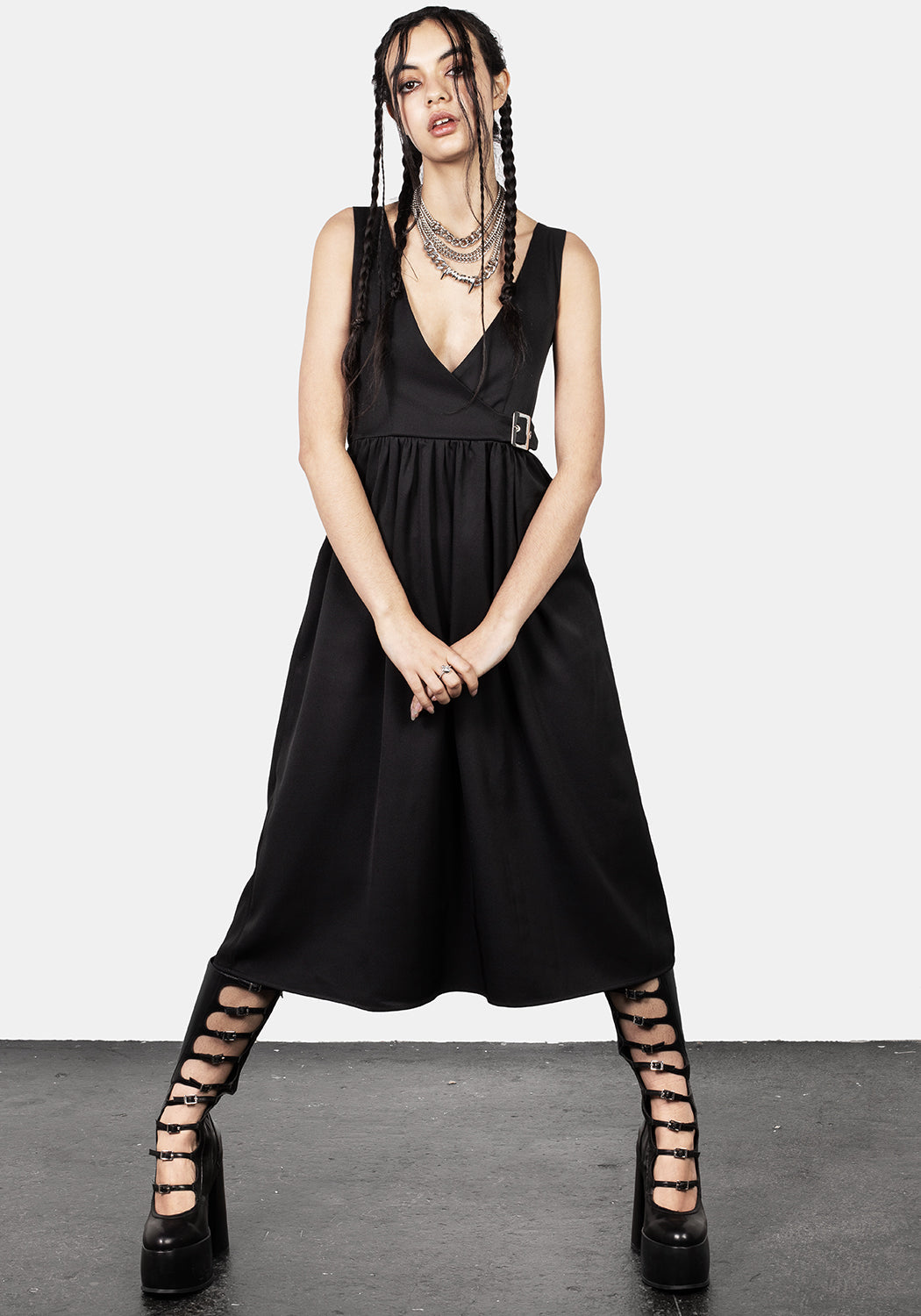 Black Mock-Wrap Suspender Midi Dress with Buckle | Belladonna