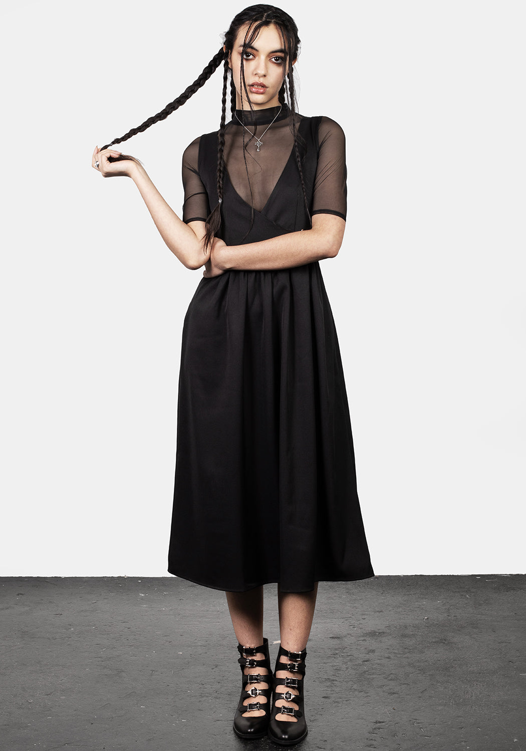 Black Mock-Wrap Suspender Midi Dress with Buckle | Belladonna