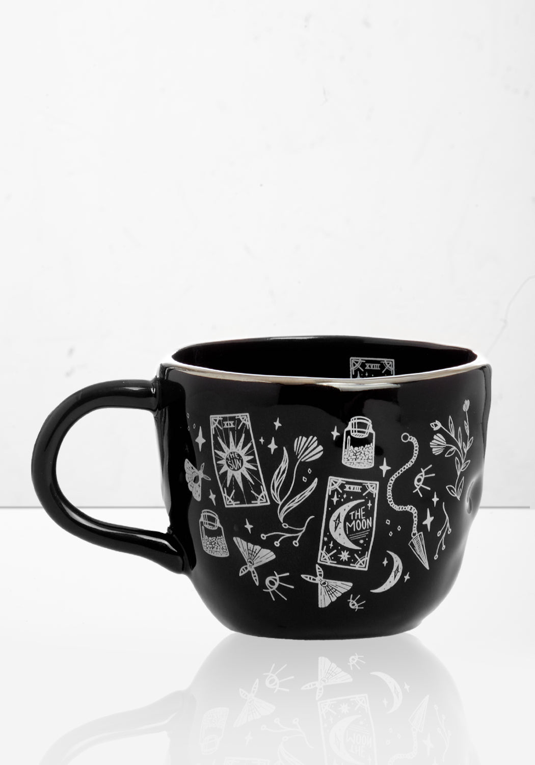 Gothic Witch Ceramic Cup with Metallic Rim | Hand-Wrought Black Mug