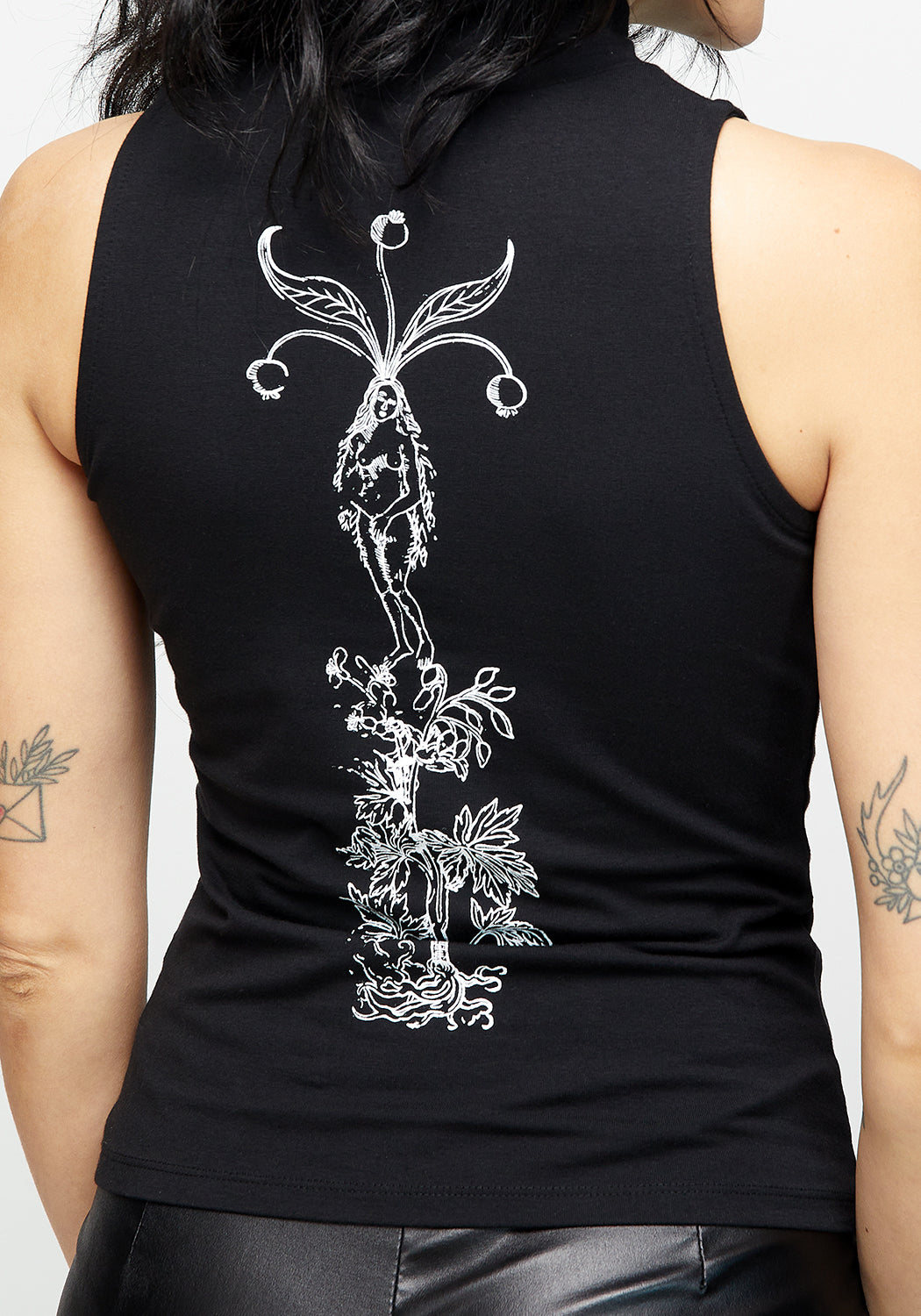 Black Graphic Sleeveless Tee with High Neck | Mandrake Cotton Top