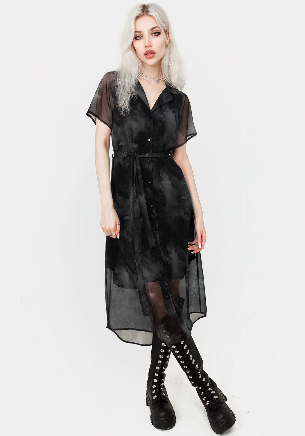 Black Watercolor Print Mesh Shirt Dress with Belt | Tempest Midi