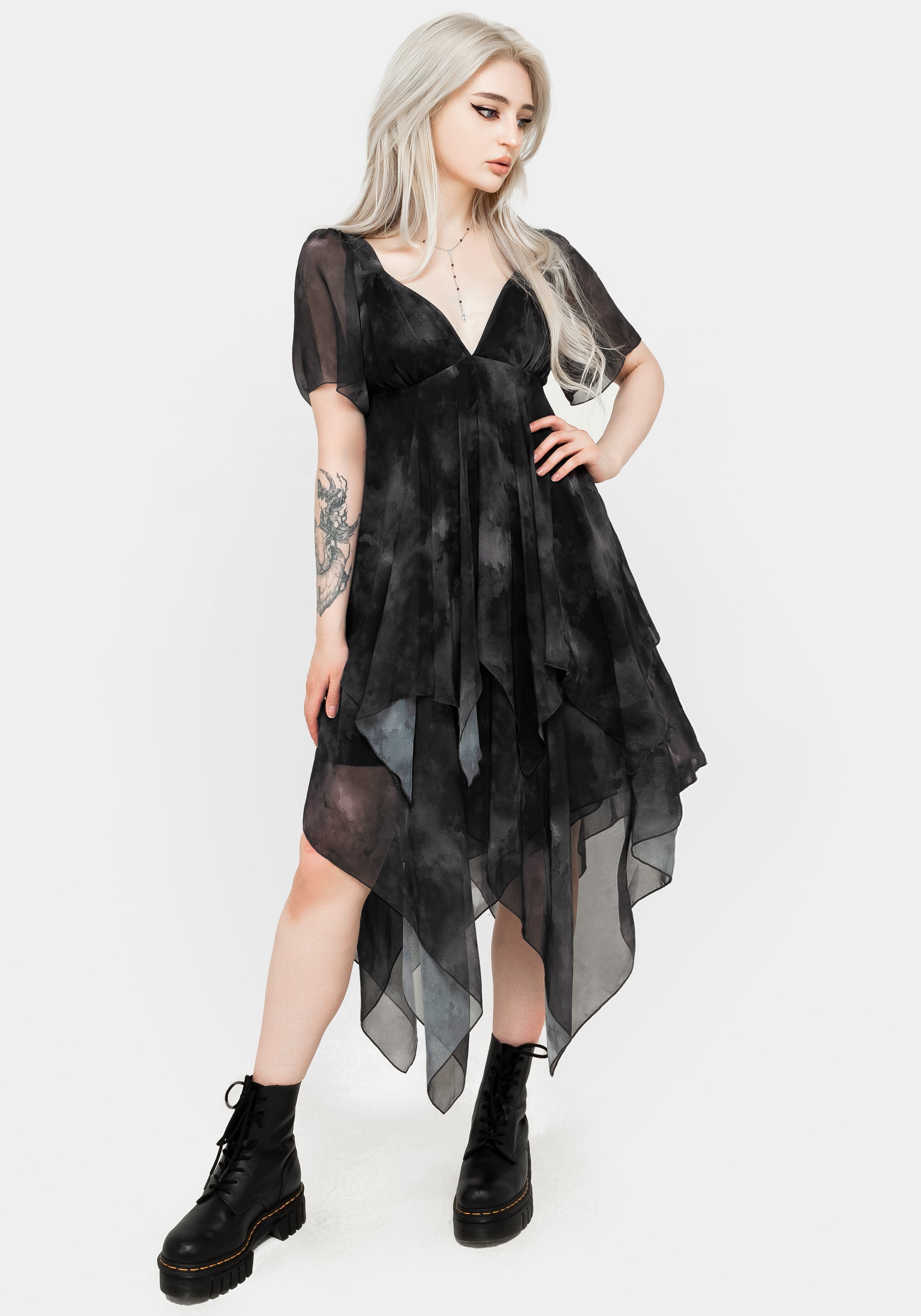Black Watercolour Print Layered Mesh Midi Dress | Tempest