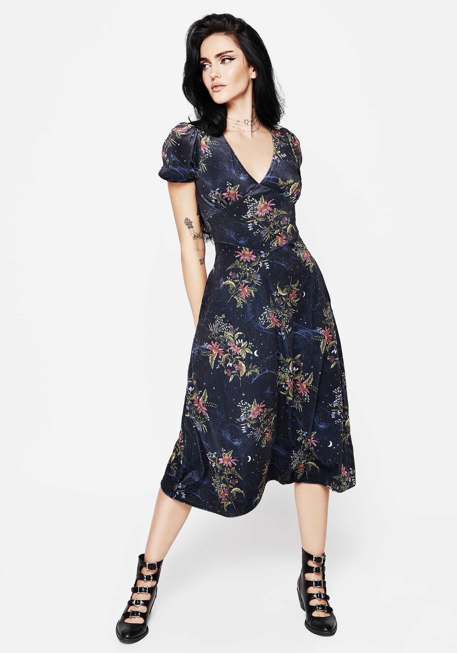 Floral Spiderweb Velour Corset Dress with Puff Sleeves | Cleome