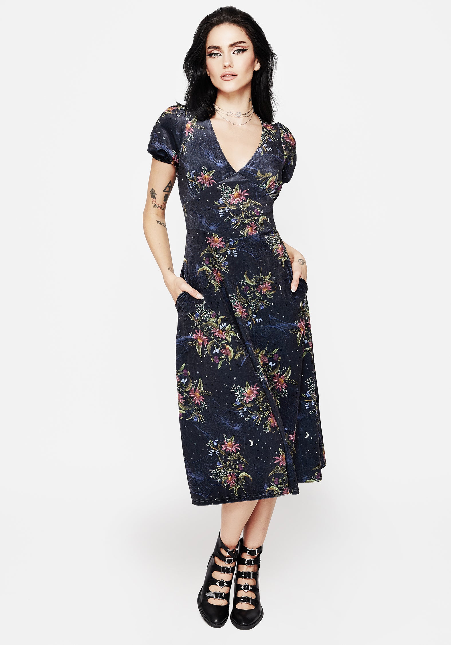 Floral Spiderweb Velour Corset Dress with Puff Sleeves | Cleome