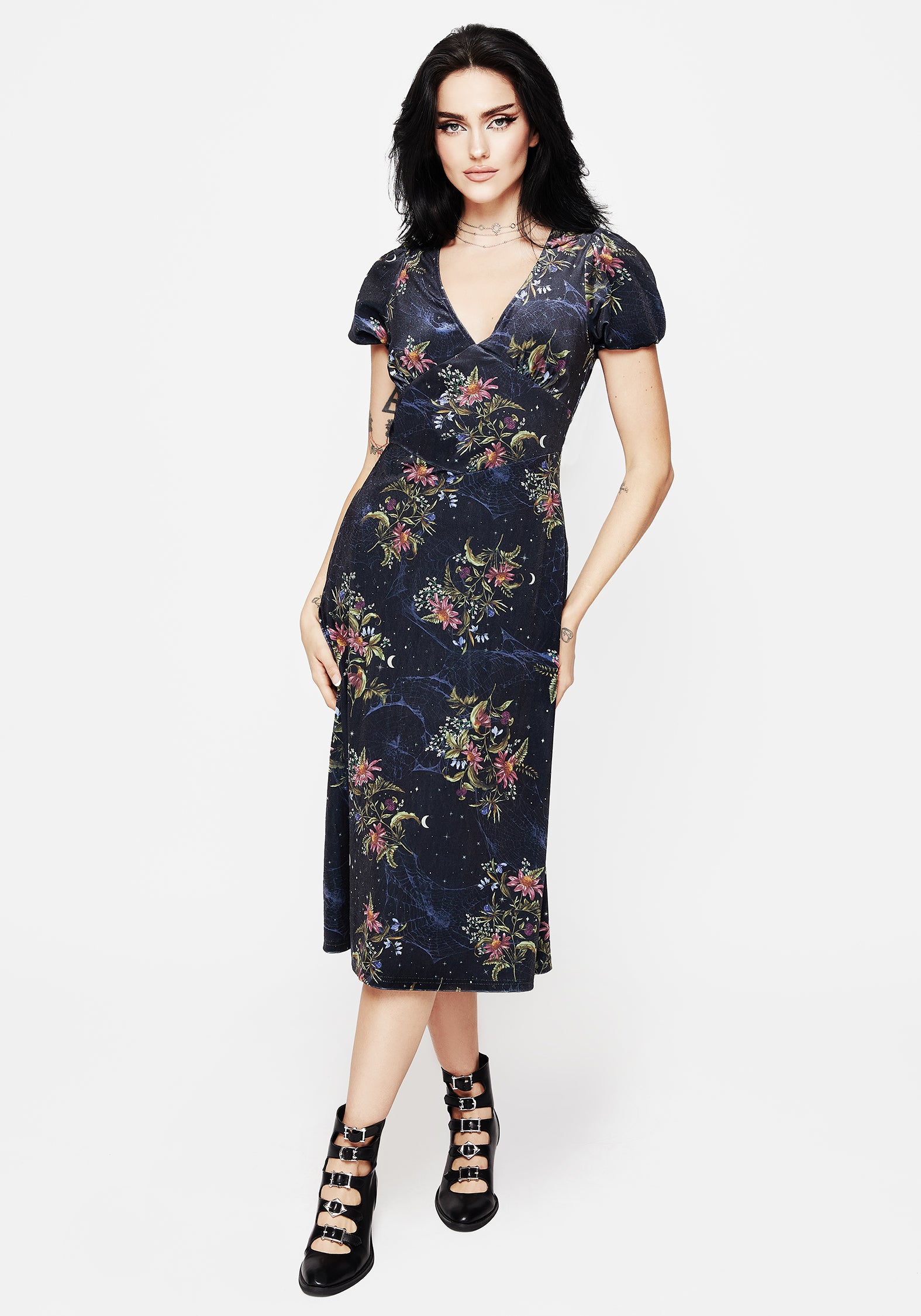 Floral Spiderweb Velour Corset Dress with Puff Sleeves | Cleome