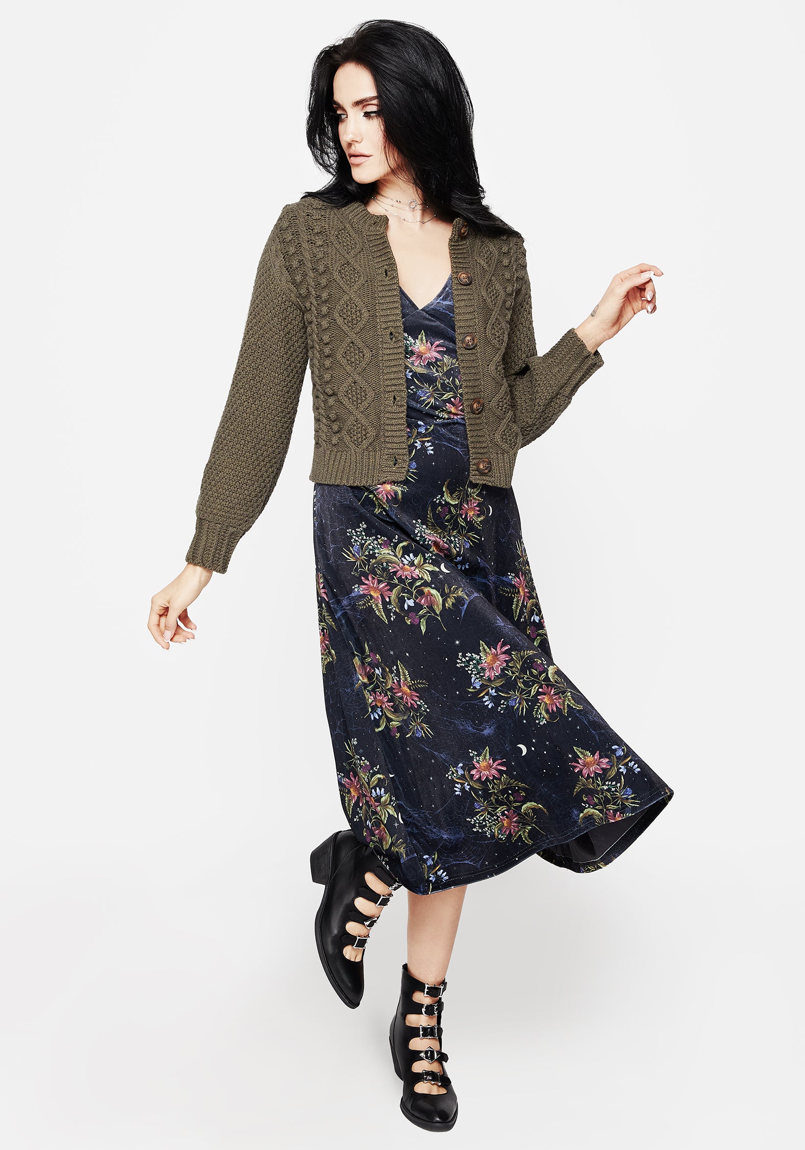 Floral Spiderweb Velour Corset Dress with Puff Sleeves | Cleome