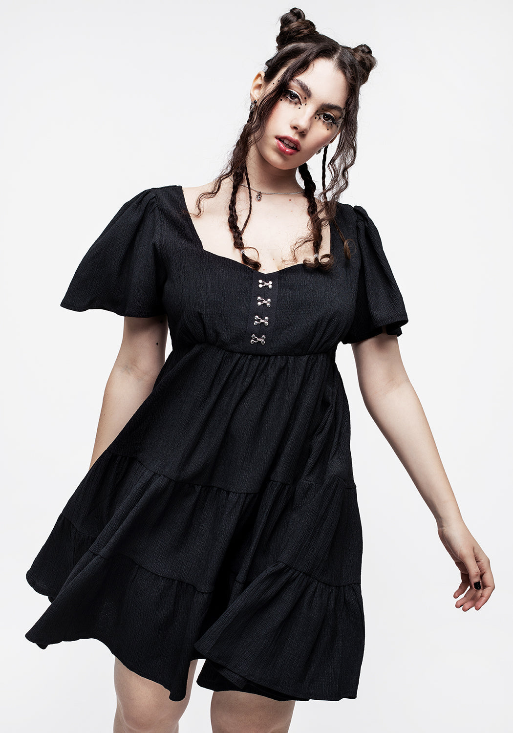 Black Crinkle Tiered Mini Dress with Cap Sleeves | Revenge