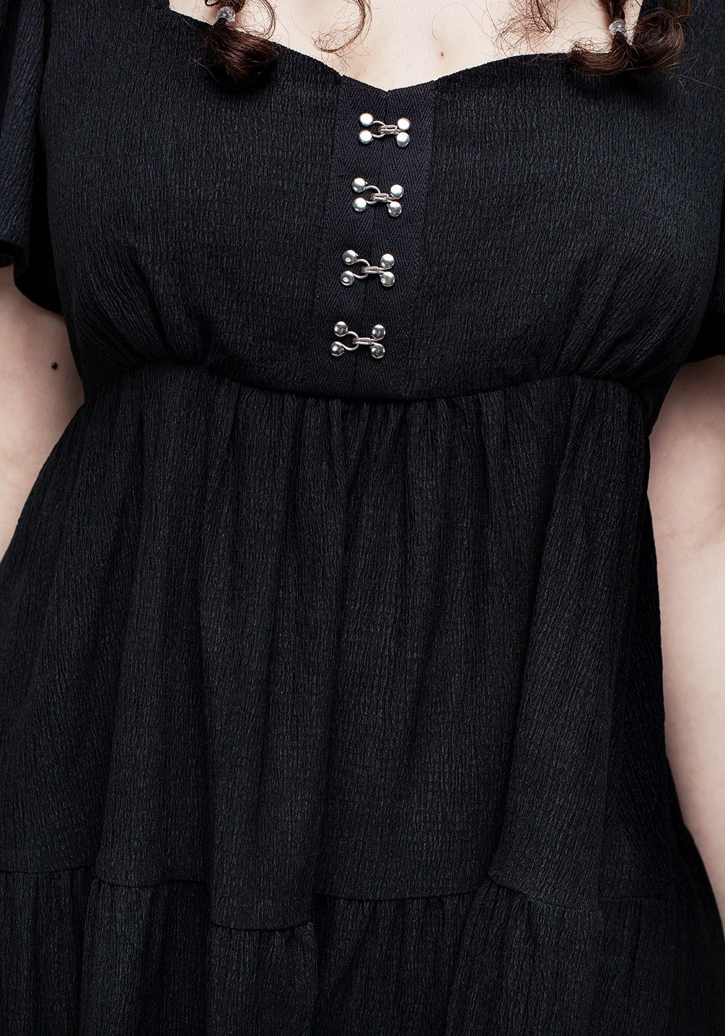 Black Crinkle Tiered Mini Dress with Cap Sleeves | Revenge