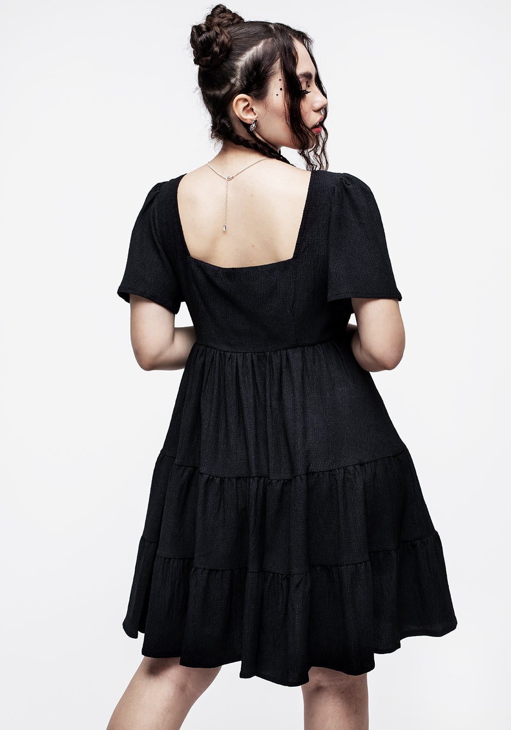 Black Crinkle Tiered Mini Dress with Cap Sleeves | Revenge
