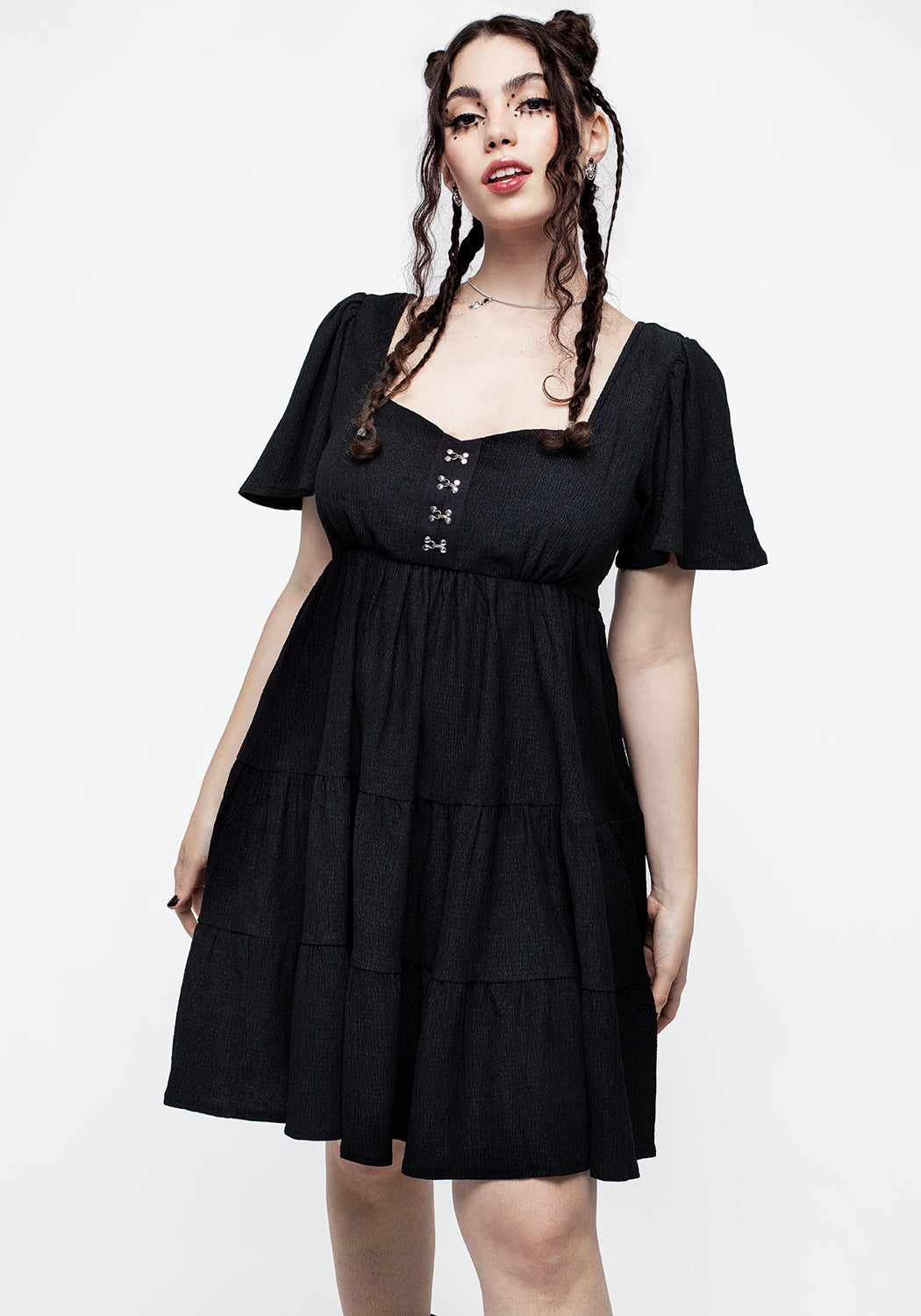 Black Crinkle Tiered Mini Dress with Cap Sleeves | Revenge