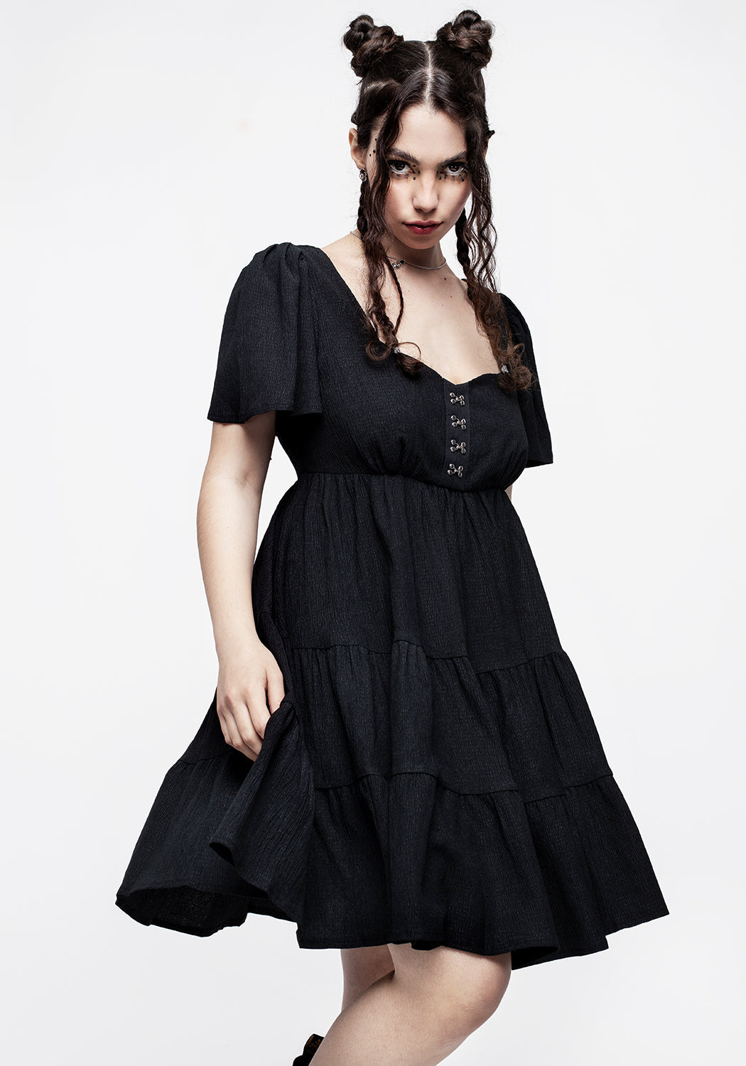 Black Crinkle Tiered Mini Dress with Cap Sleeves | Revenge