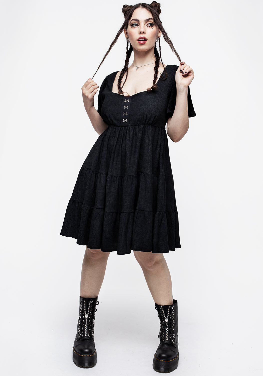 Black Crinkle Tiered Mini Dress with Cap Sleeves | Revenge