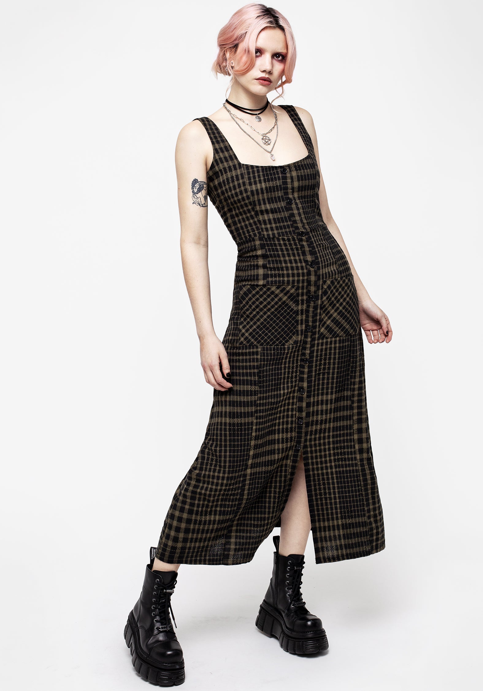Khaki Green Check Button-Up Midaxi Dress with Pockets | Dropout