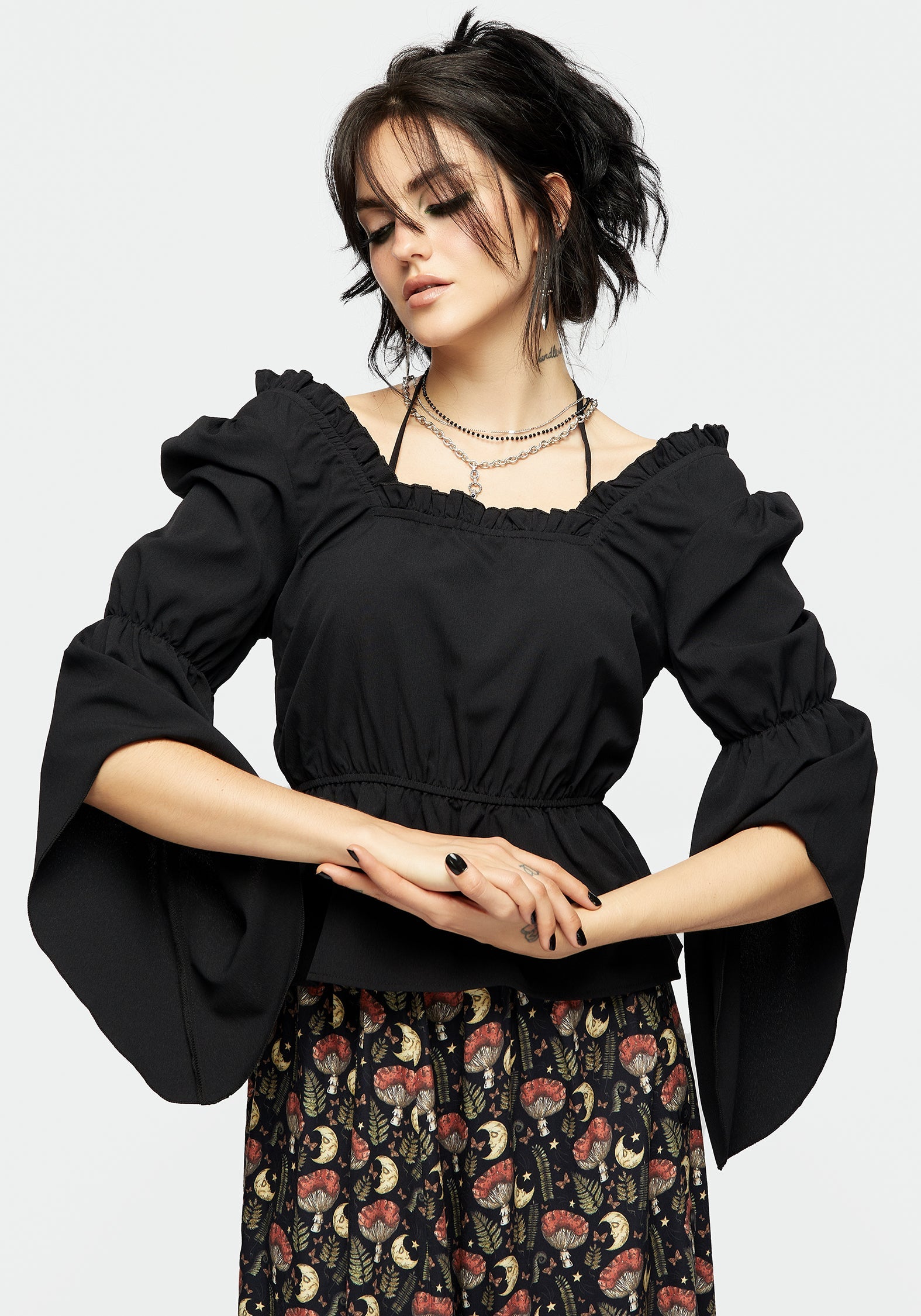 Black Halter Tie Square Neck Peplum Top with Puffed Sleeves | Monstera