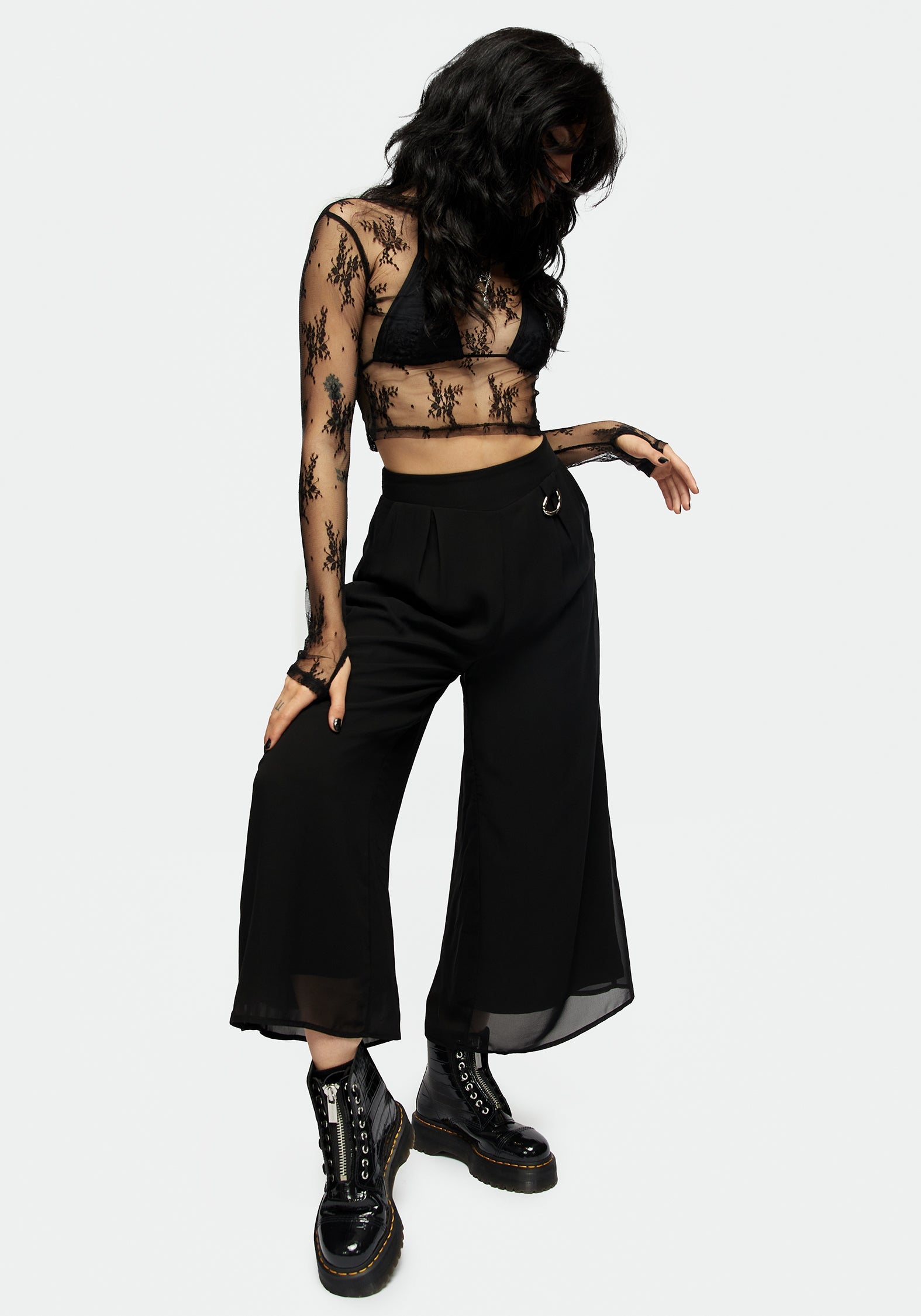 Black Wide-Leg Culotte Trousers with Pockets | Descensum