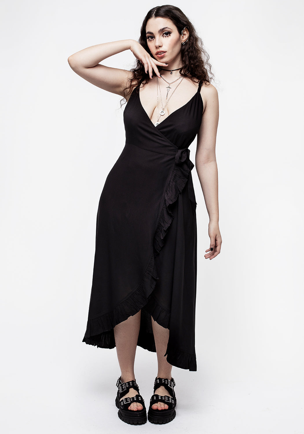 Black Cami Wrap Dress with Ruffles & Adjustable Straps | Eerie