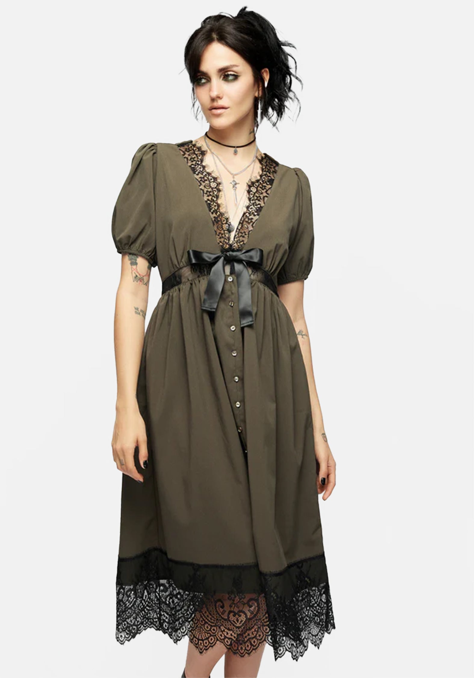 Tea Leaf Lace Midi Dress with Button Up & Sheer Panels | Mortuary