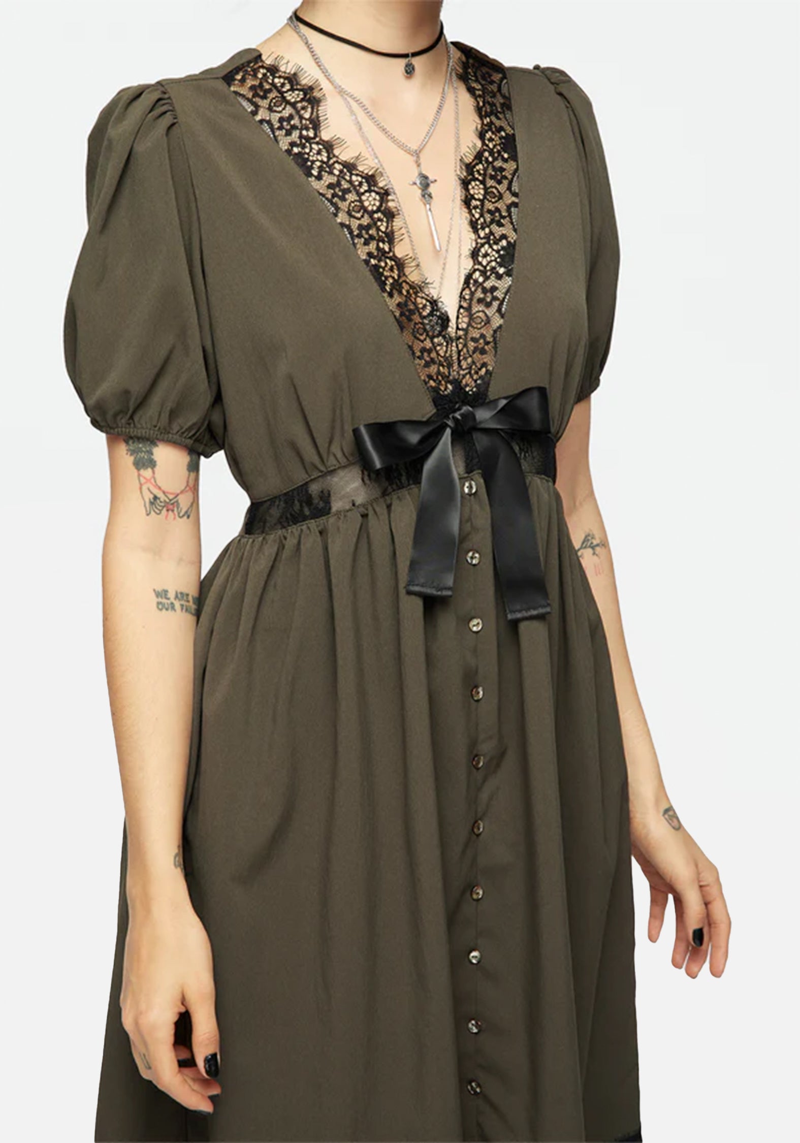 Tea Leaf Lace Midi Dress with Button Up & Sheer Panels | Mortuary