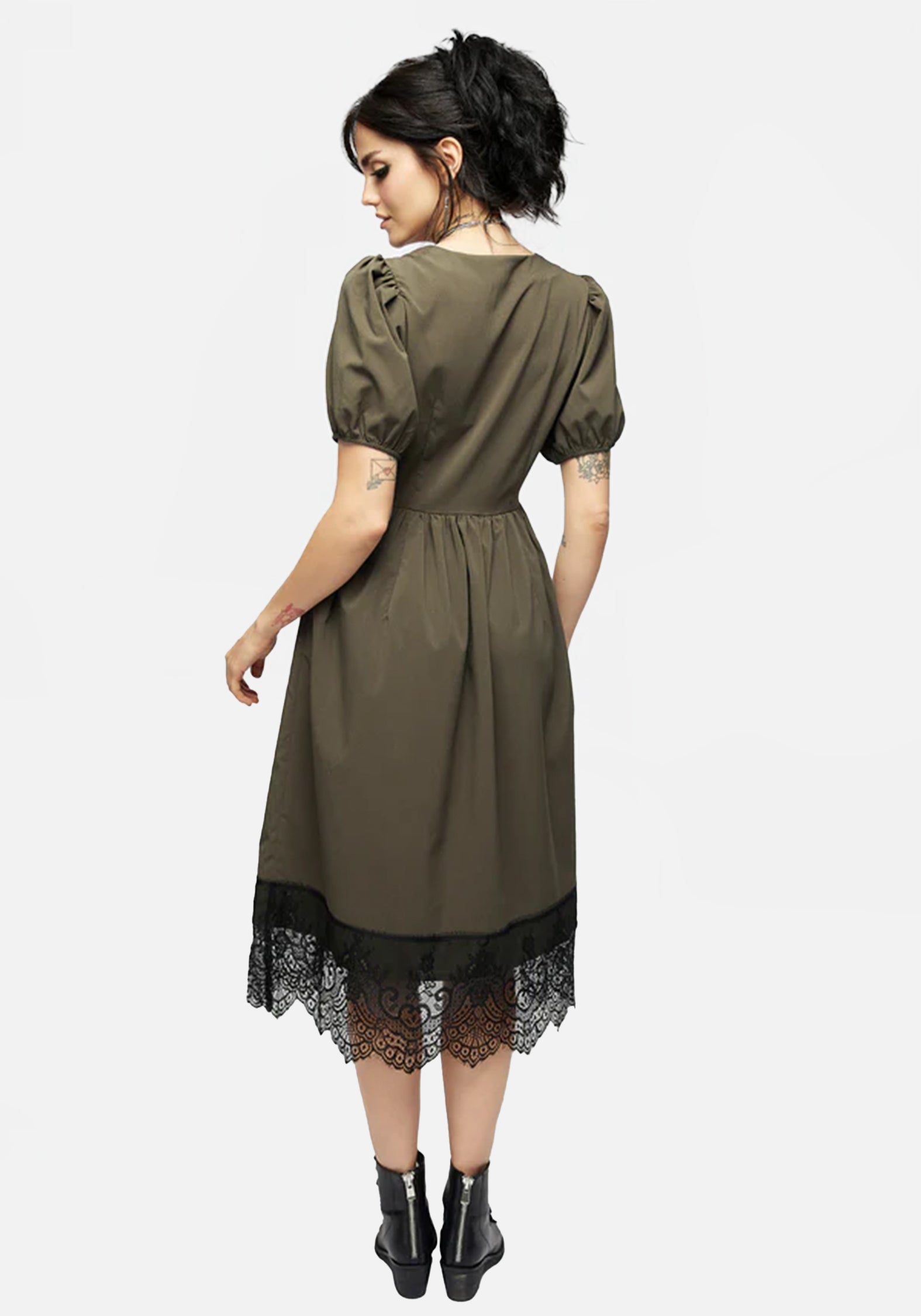 Tea Leaf Lace Midi Dress with Button Up & Sheer Panels | Mortuary